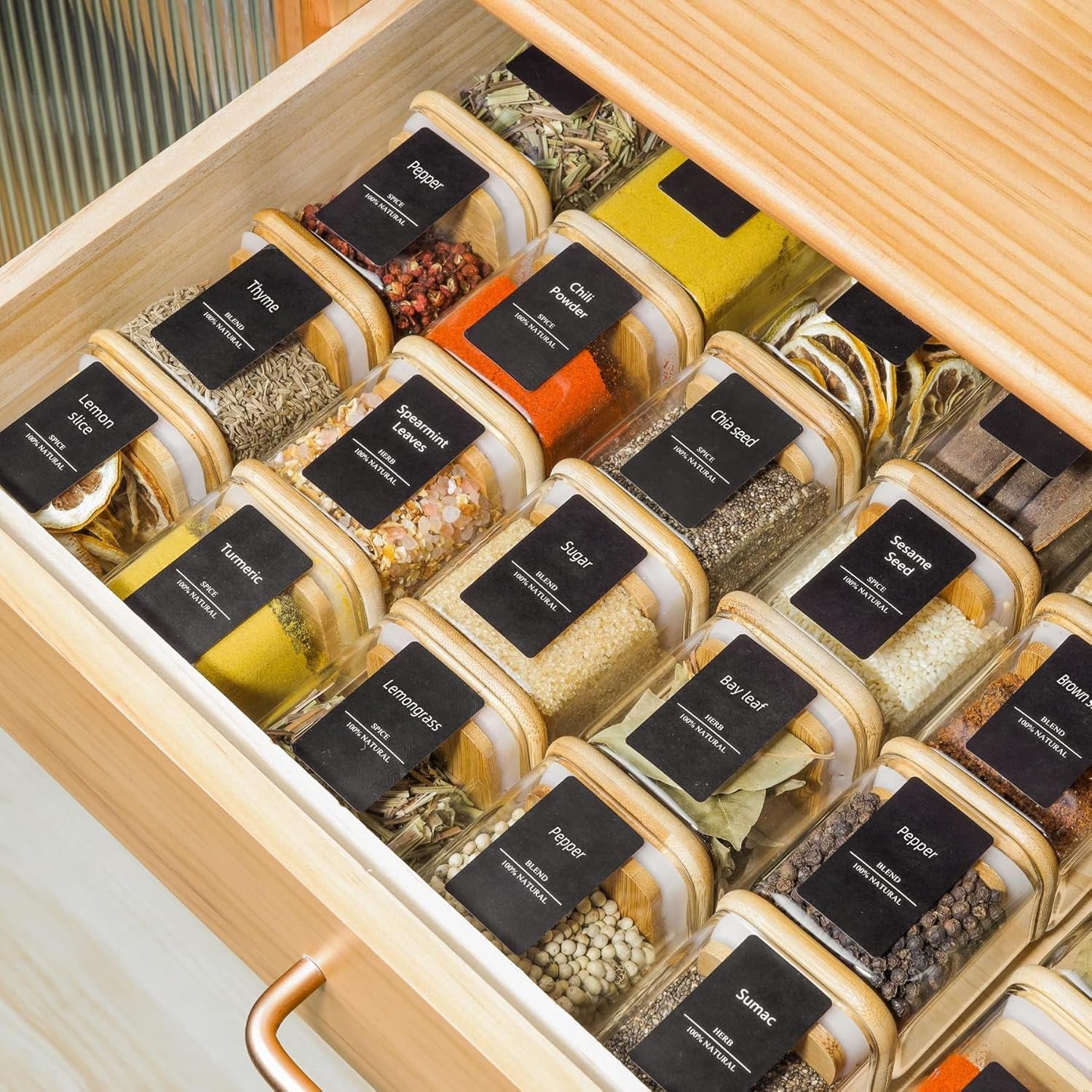 12 Pcs Glass Spice Jars with Bamboo Lids, 4Oz/120Ml Square Glass Storage Jars with 275 Black Lables, Airtight Spice Jars with Lids, Glass Container for Spice, Salt, Sugar, Seeds, Nuts Etc
