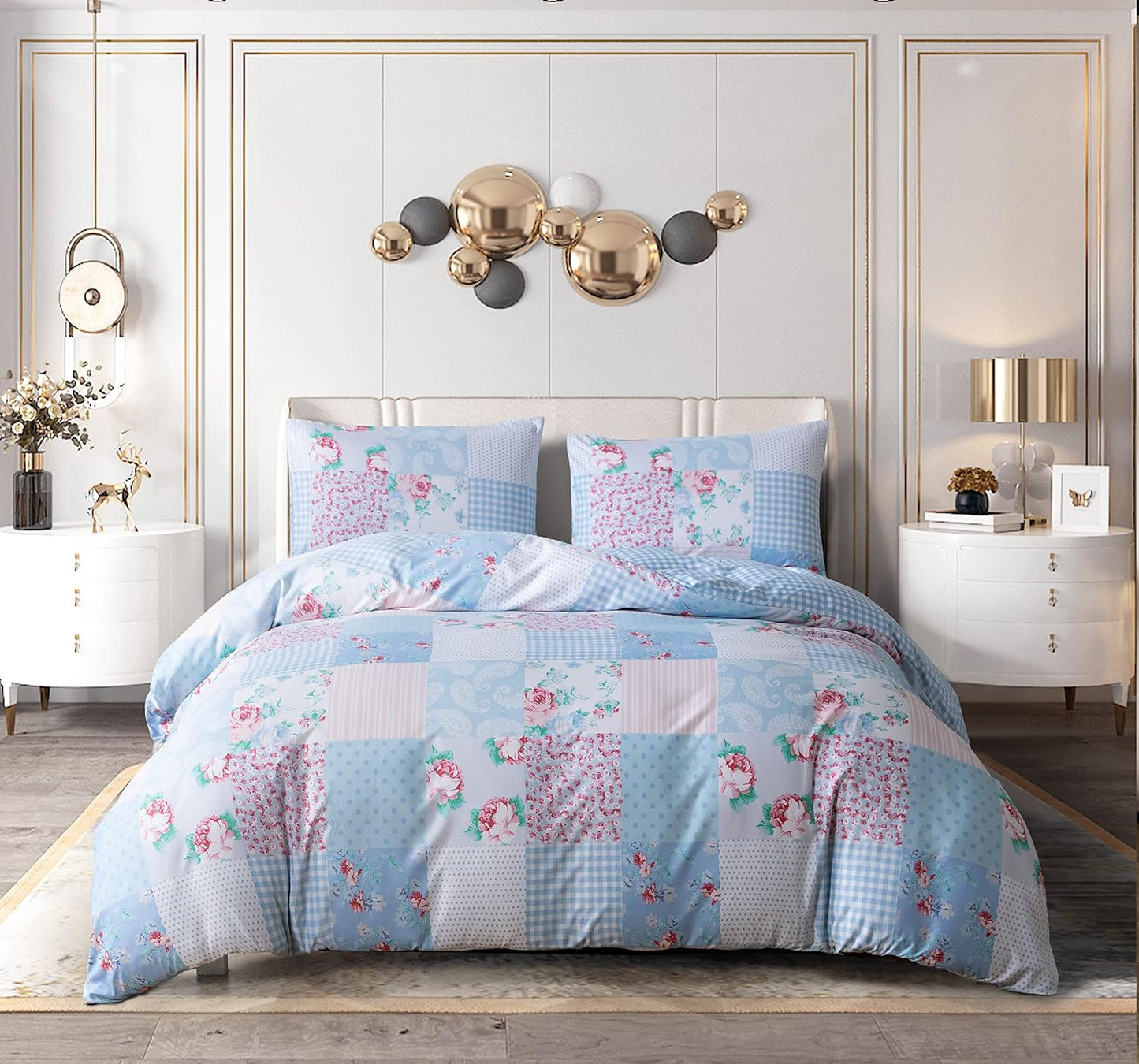 Best Linen 4 Piece Duvet Cover Set Polyester Cotton Quilt Cover Pillow Case & Fitted Sheet Complete Bedding Set Easy Care Machine Wash anti Allergic (Floral Grey, Double) (Duvetcover001)