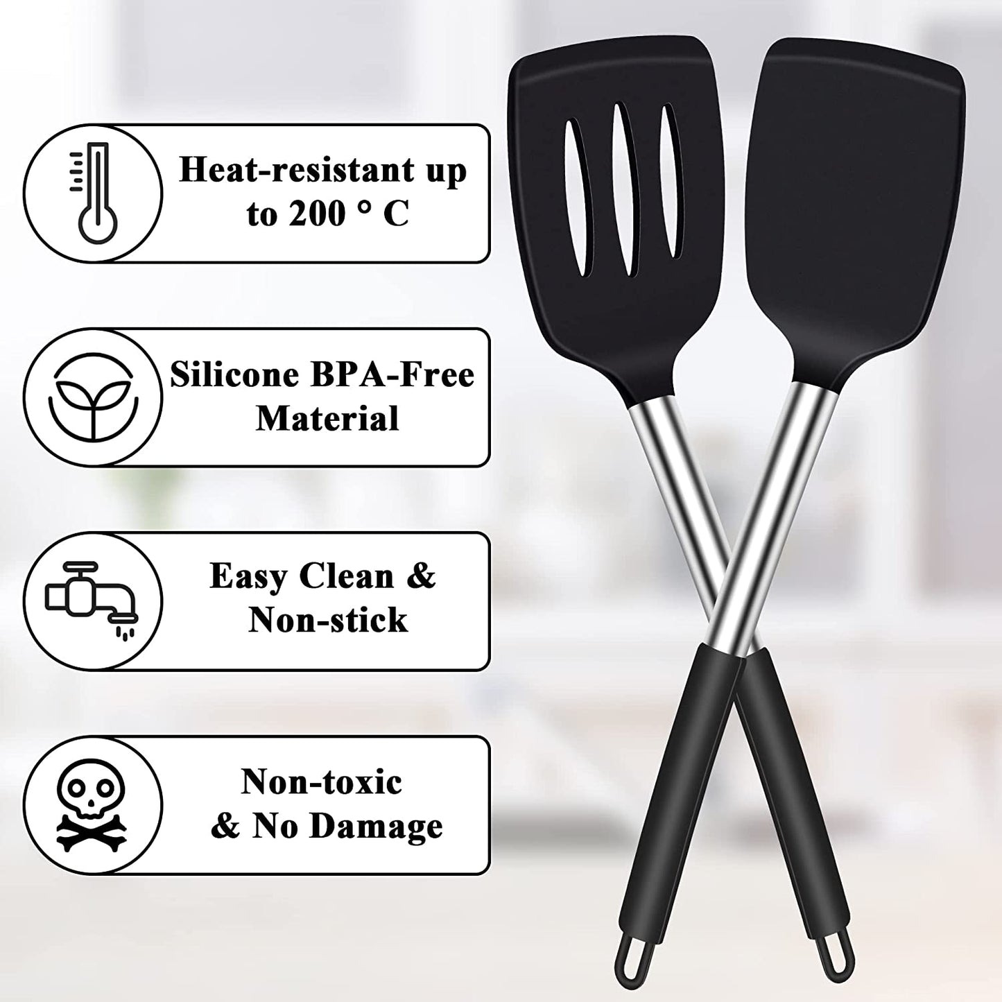 Silicone Spatula Turner, Heat Resistant Slotted Spatula Solid Turner for Cooking, BPA Free Large Black Silicone Spatula Kitchen Utensils for Baking Non Stick Cookware, Dishwasher Safe, 2 Pack