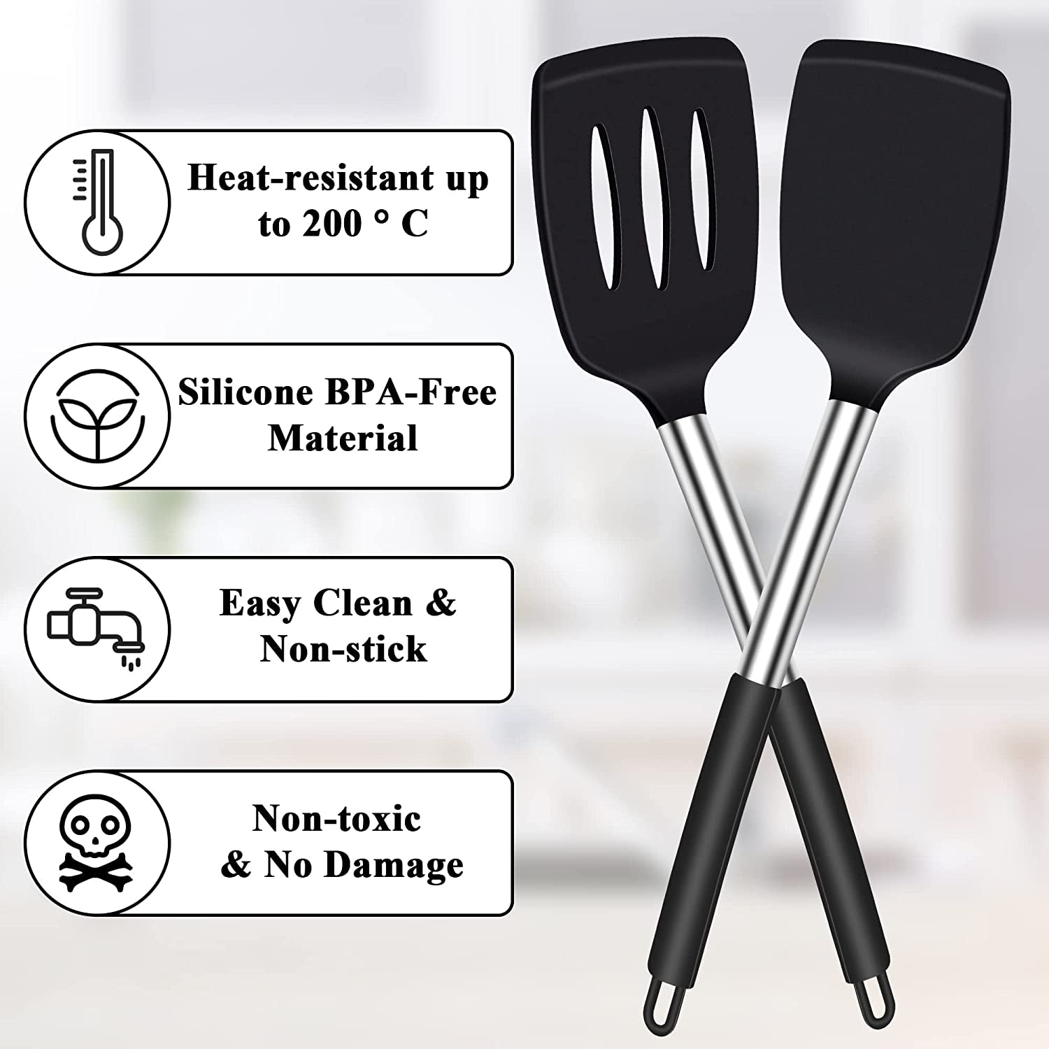 Silicone Spatula Turner, Heat Resistant Slotted Spatula Solid Turner for Cooking, BPA Free Large Black Silicone Spatula Kitchen Utensils for Baking Non Stick Cookware, Dishwasher Safe, 2 Pack