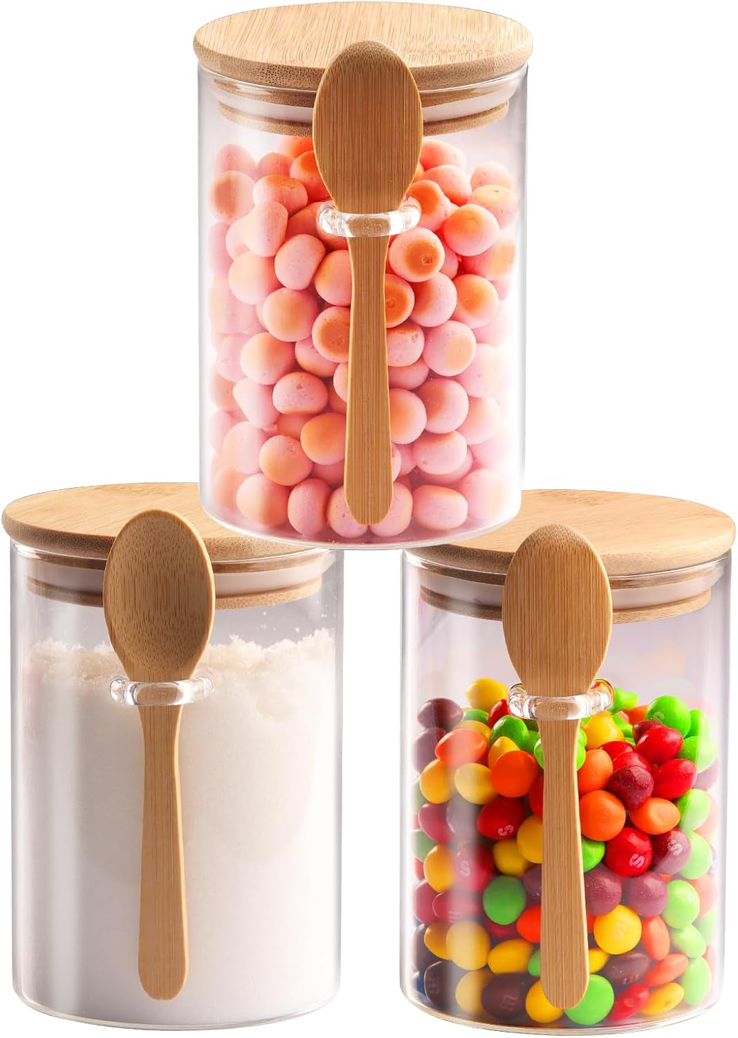 3 Pcs Glass Jars with Airtight Lid and Spoon,Overnight Oats Containers with Bamboo Lids,Glass Food Storage Canisters Yogurt Containers for Coffee Beans,Tea,Flour,Candy,Salts & More（20 Oz/600Ml）