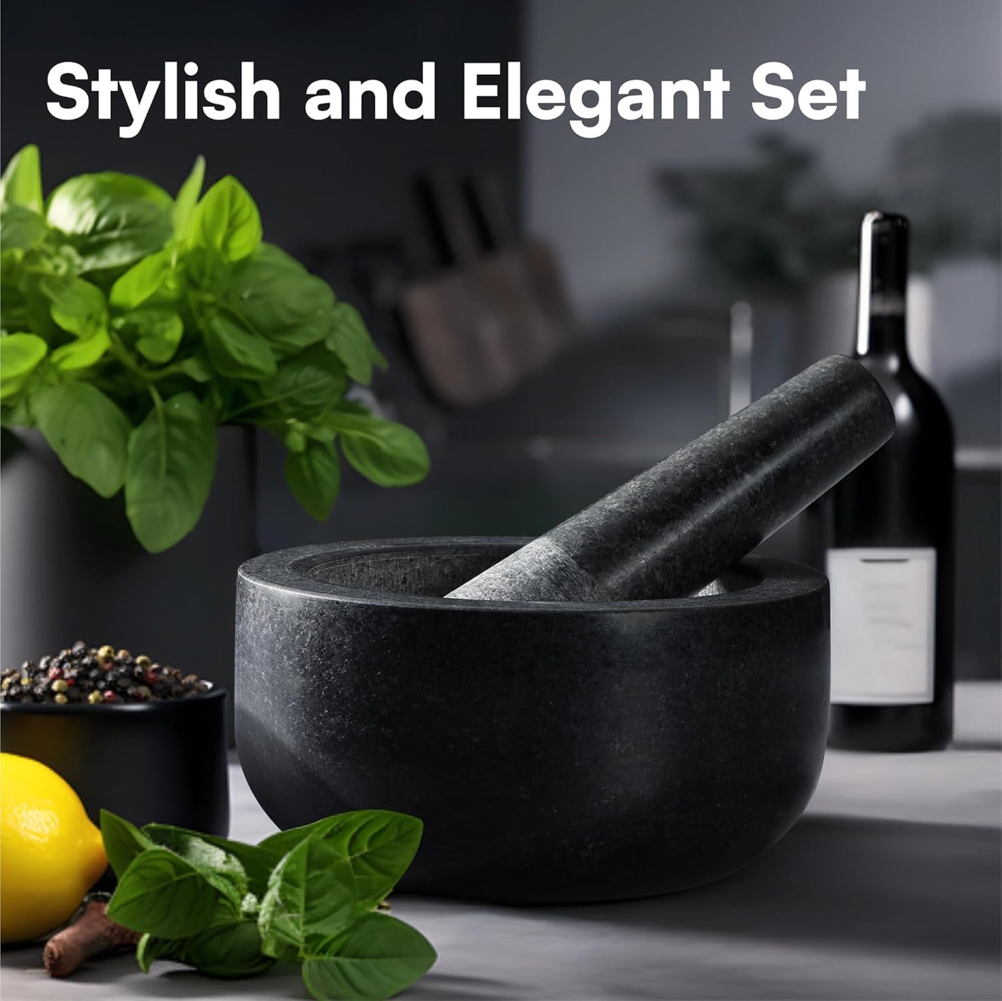 Pestle and Mortar Set, Premium Solid Granite Stone Mortar and Pestle Large Black - 16Cm (6.3") Diameter - Pestle and Mortar Large