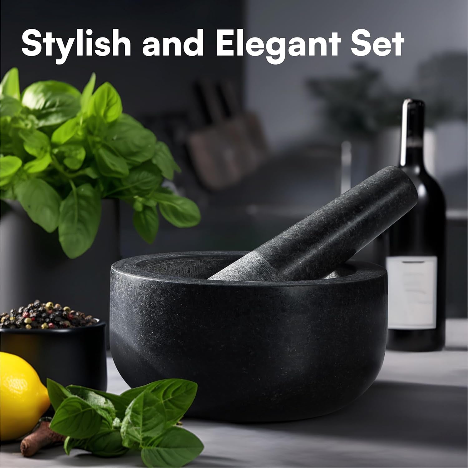 Pestle and Mortar Set, Premium Solid Granite Stone Mortar and Pestle Large Black - 16Cm (6.3") Diameter - Pestle and Mortar Large