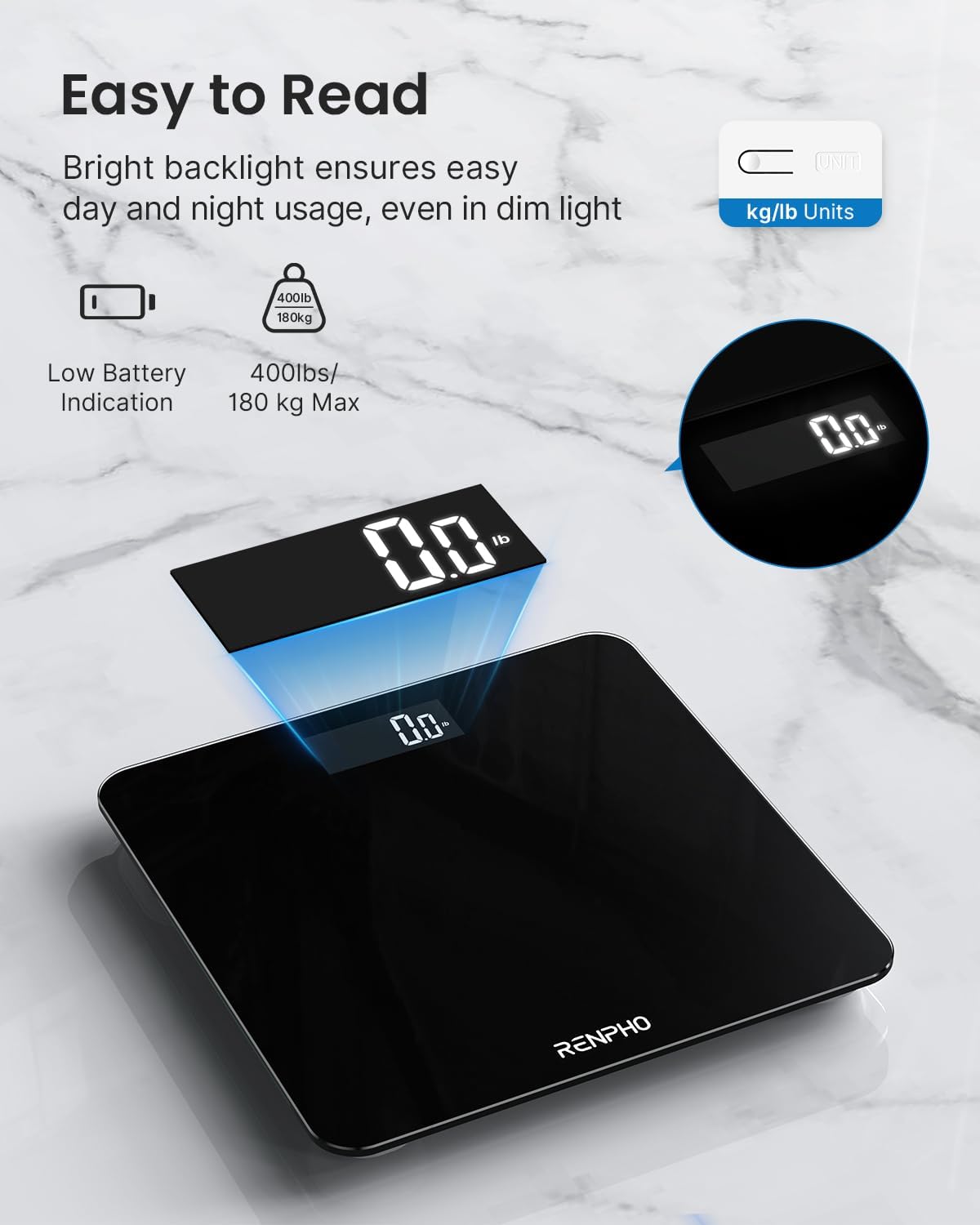 Digital Bathroom Scales for Body Weight, Weighing Scale Electronic Bath Scales with High Precision Sensors Accurate Weight Machine for People, LED Display, Step-On, Black, Core 1S