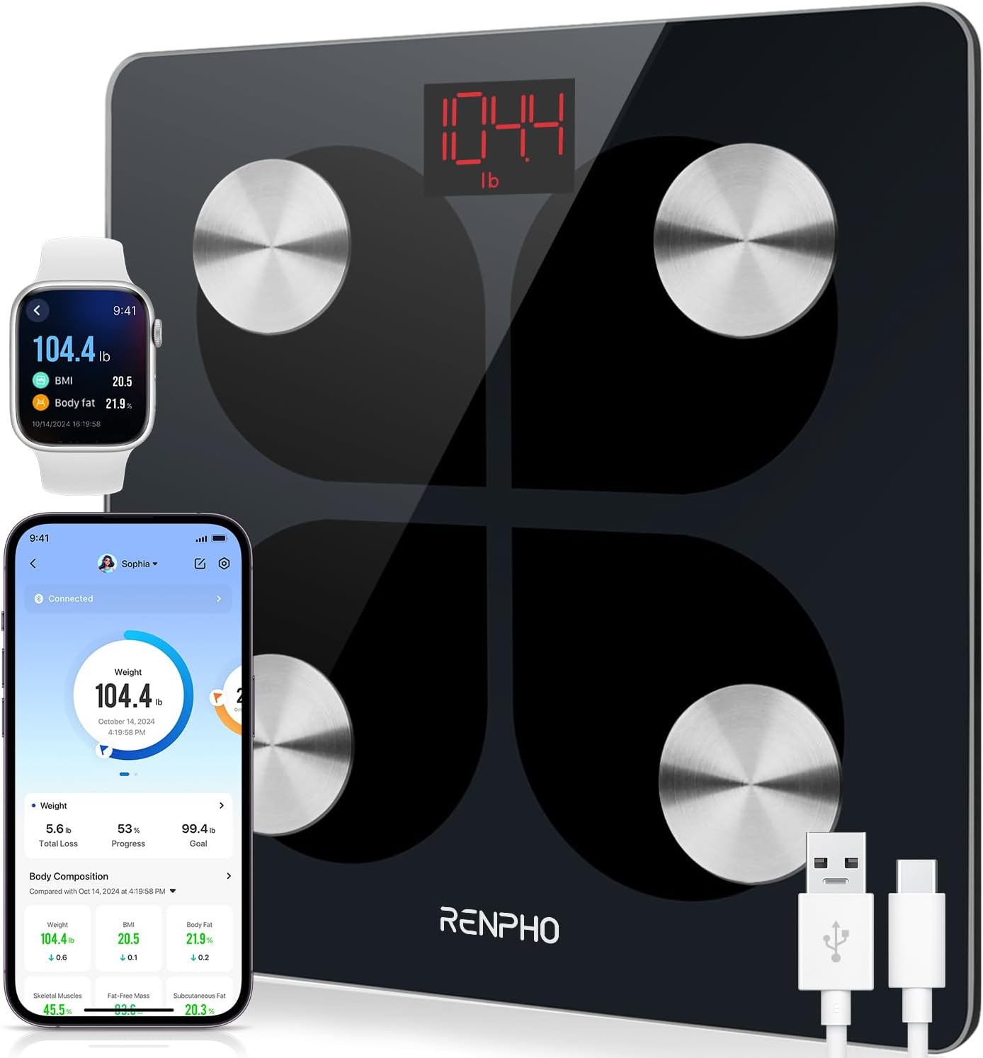 Digital Bathroom Scales for Body Weight, Weighing Scale Electronic Bath Scales with High Precision Sensors Accurate Weight Machine for People, LED Display, Step-On, Black, Core 1S