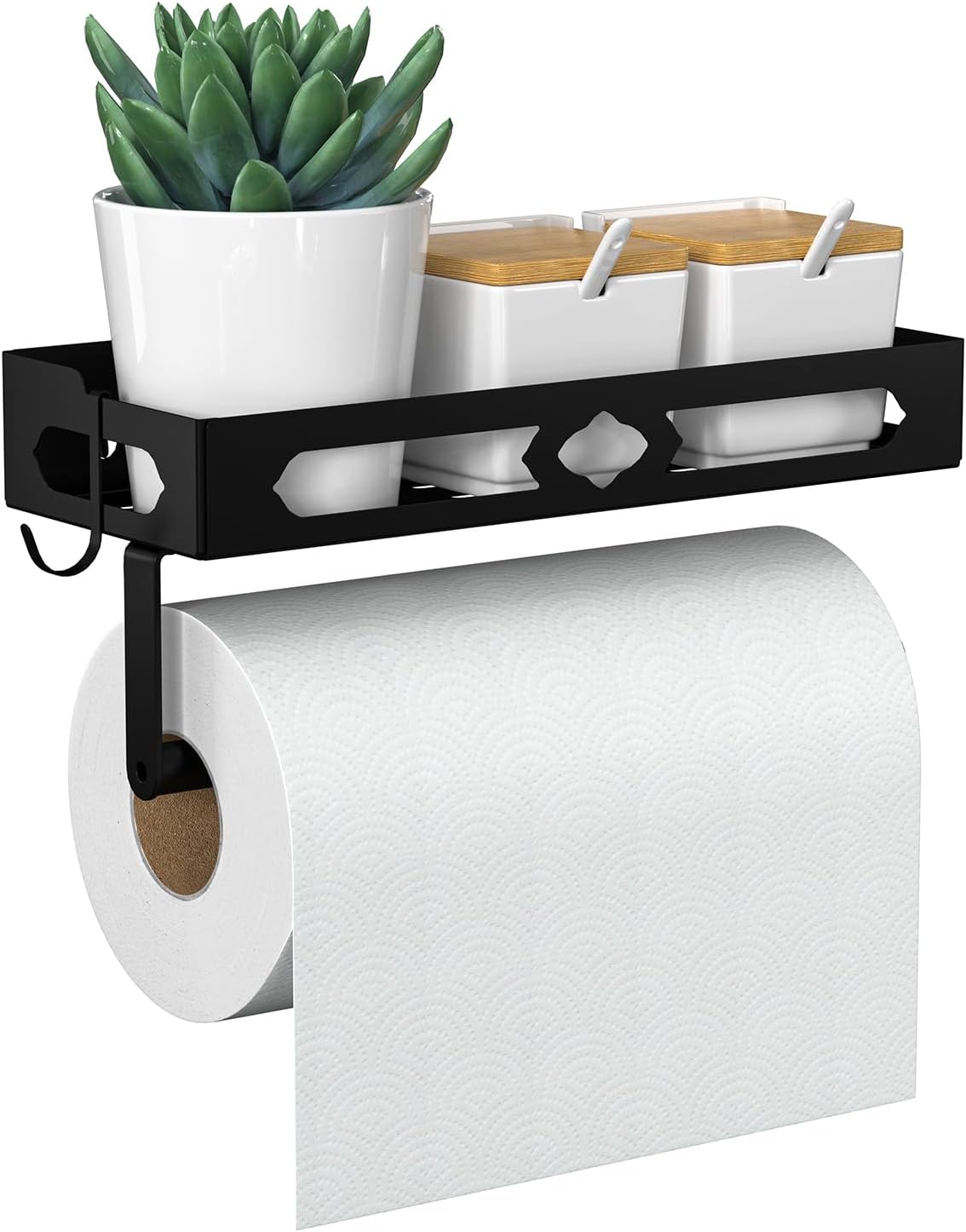 Spice Rack with Paper Towel Holder Roll and Hooks, Wall Mounted Spice Rack, Metal Seasoning Organizer Shelves for Kitchen