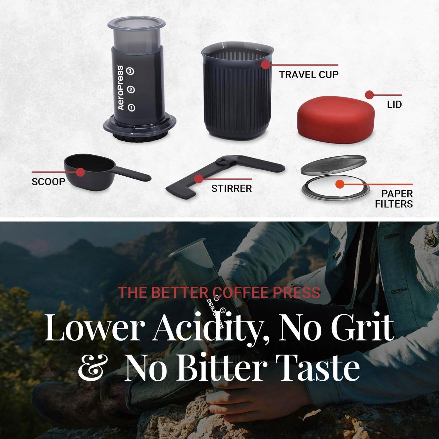 Go Portable Travel Coffee Press Kit, 1-3 Cups in a Minute, Coffee, Espresso, & Cold Brew Maker, Manual Coffee Making Machine for Travel, Includes Mug & Lid, Grey