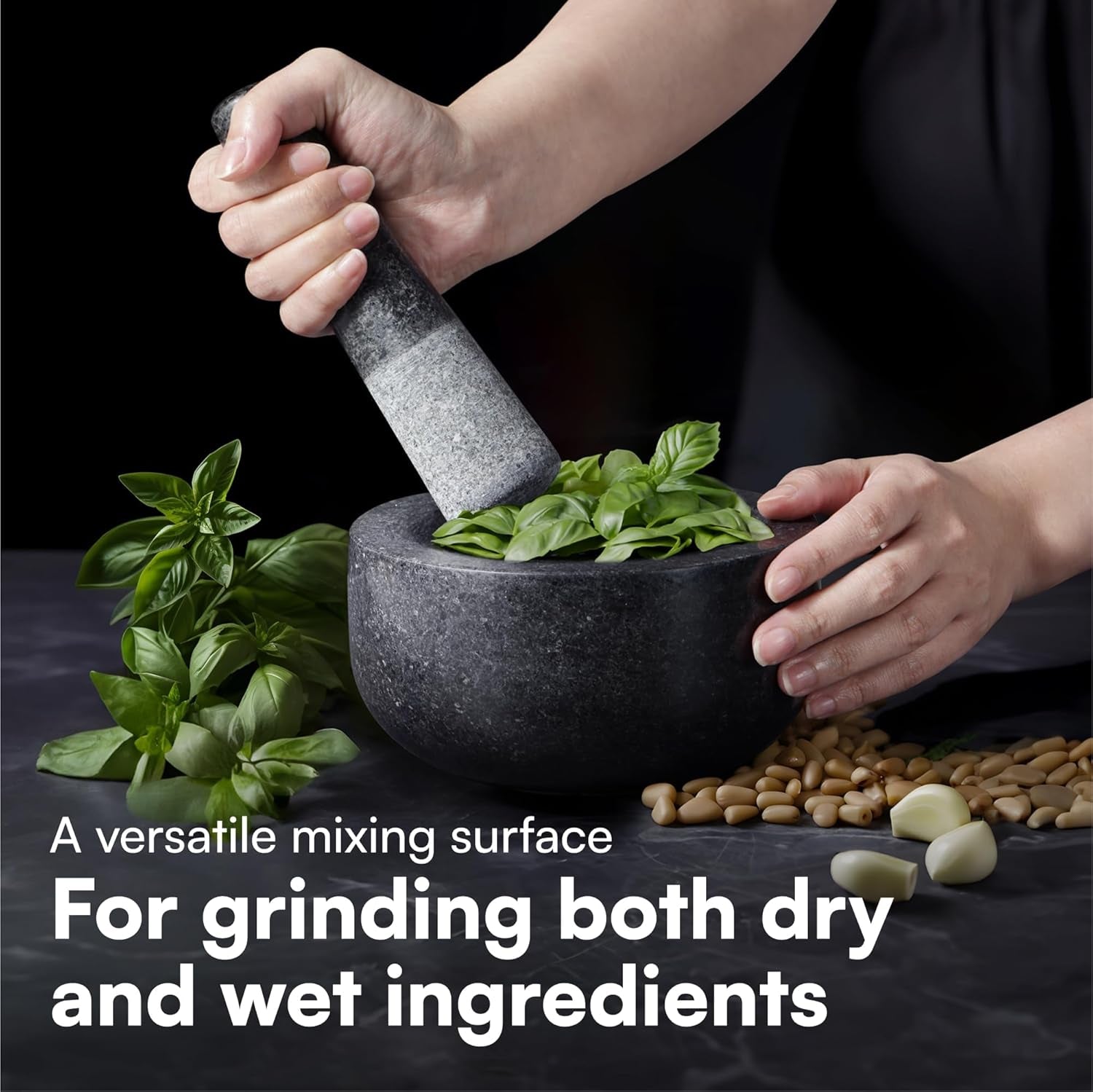 Pestle and Mortar Set, Premium Solid Granite Stone Mortar and Pestle Large Black - 16Cm (6.3") Diameter - Pestle and Mortar Large