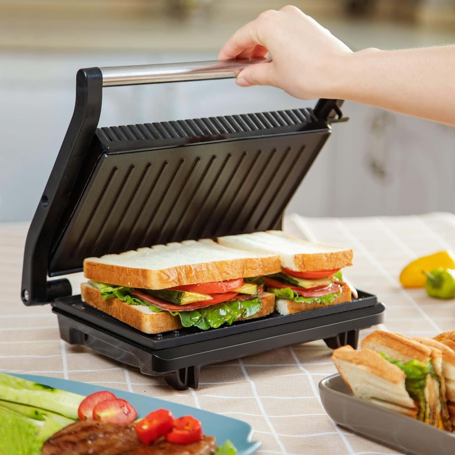 Sandwich Toaster Panini Press, Deep Fill Toastie Maker, Electric Health Grill with Non-Stick Plates, 180° Flat Open, Stainless Steel, Easy to Clean, 800W - York