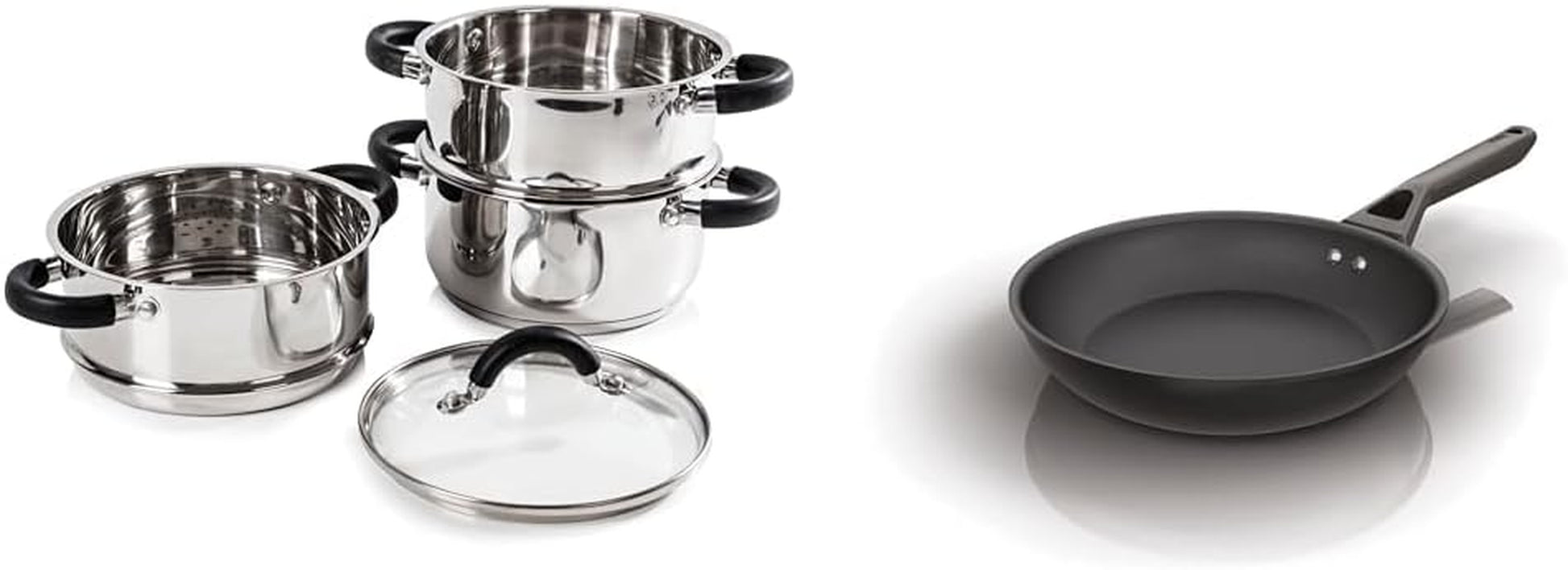 T80836 Essentials Induction Steamer Pans 3 Tier with Glass Lid, Silicone Handles, Stainless Steel, Steamer Cooking, Polished Mirror Finish, 18 Cm , Silver