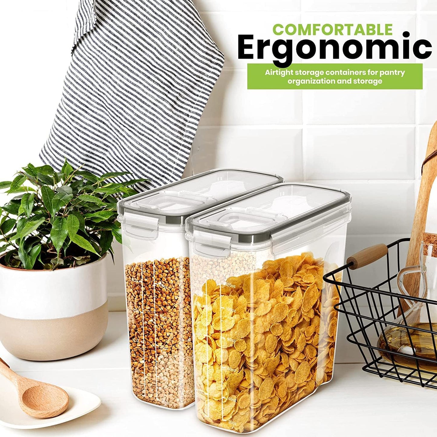 Cereal Storage Container (Set of 3) – BPA Free Plastic – Airtight Kitchen Storage Containers -Dry Food Storage – Cereal Dispenser for Kitchen & Pantry