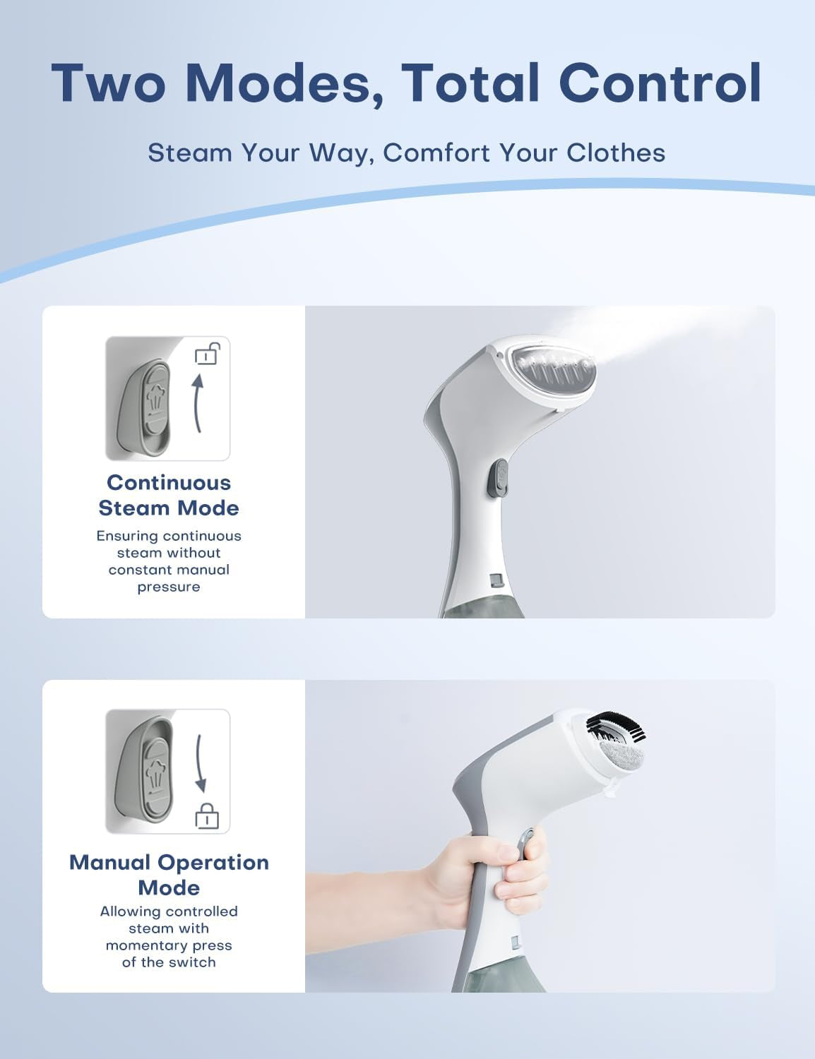 Clothes Steamer, 1300W Steamer with 260ML Large Tank, Ironing& Steaming, 2 Steam Settings, Fabric Wrinkle Remover, Compact Travel Size, Portable Handheld Design for Home, Office