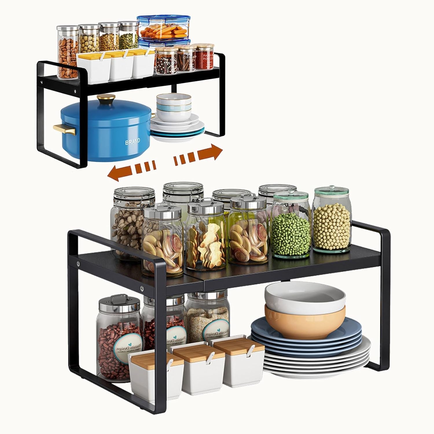 Extendable Kitchen Cupboard Shelf Expandable Storage Rack Shelf Kitchen Shelf Organiser,Spice Racks,Cupboard Shelf，Suitable for Home and Kitchen Storage,1 Pack Black