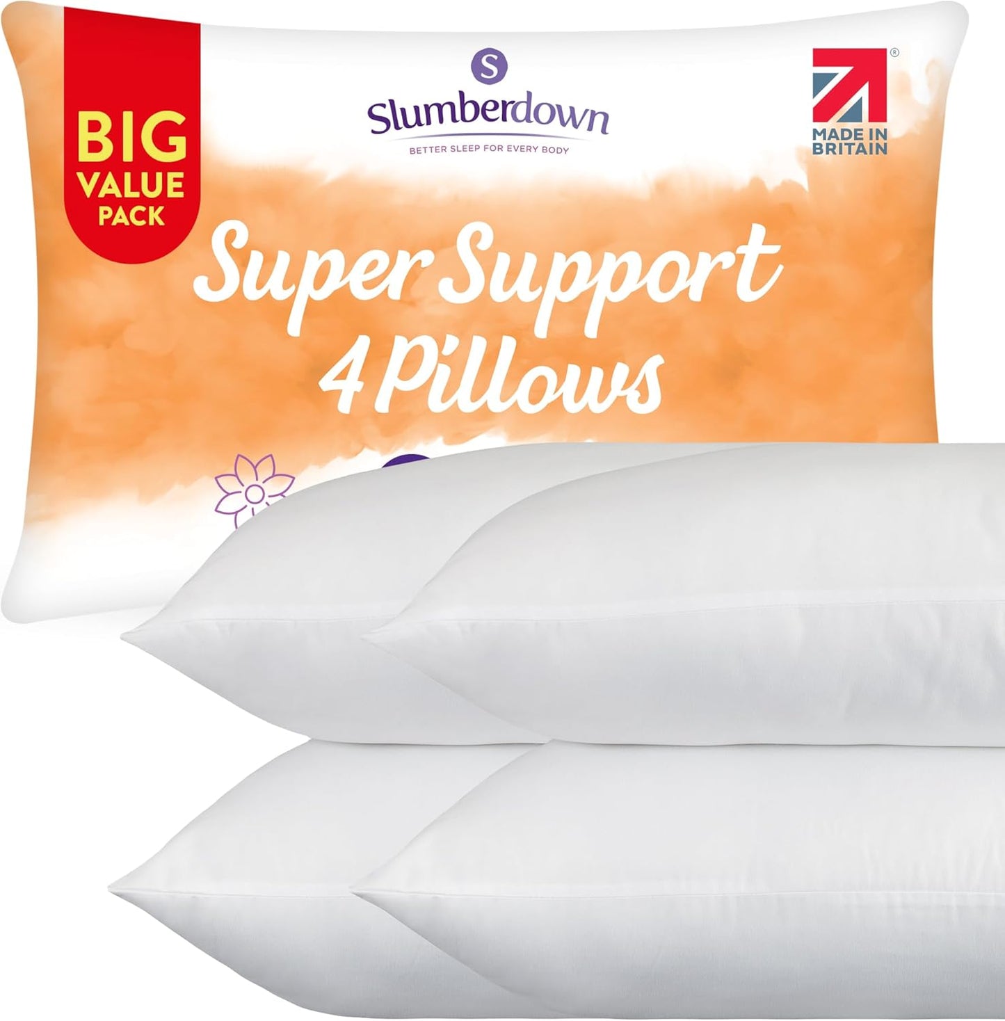 Pillows 4 Pack - Super Support Firm Side Sleeper Bed Pillows for Neck and Shoulder Pain Relief - Comfy & Supportive Pillow, Hypoallergenic, Made in the UK, Standard Size (48Cm X 74Cm)