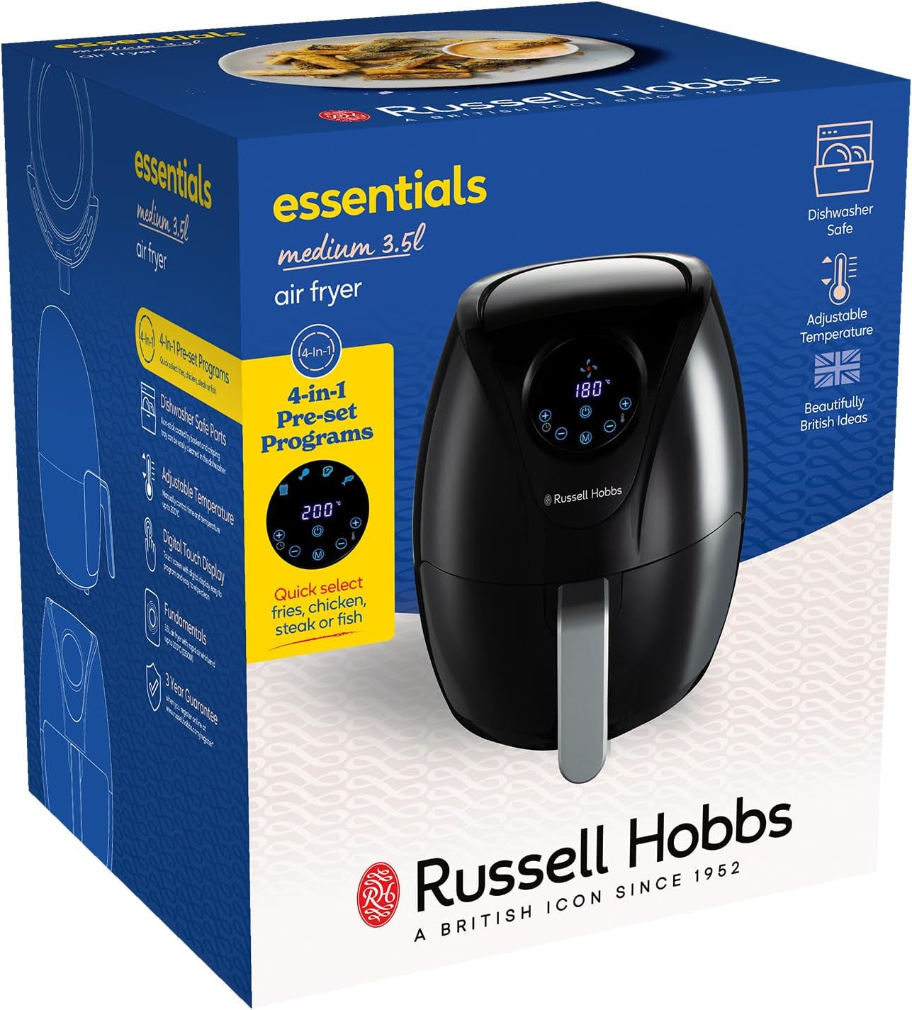 Compact Rapid Digital Air Fryer 3.5L [4 Cooking Functions] Energy Saving, Dishwasher Safe Parts, Touch Screen, Removable Basket, Timer, Max Temp 200°C, No Oil, Grill, Bake, 27350