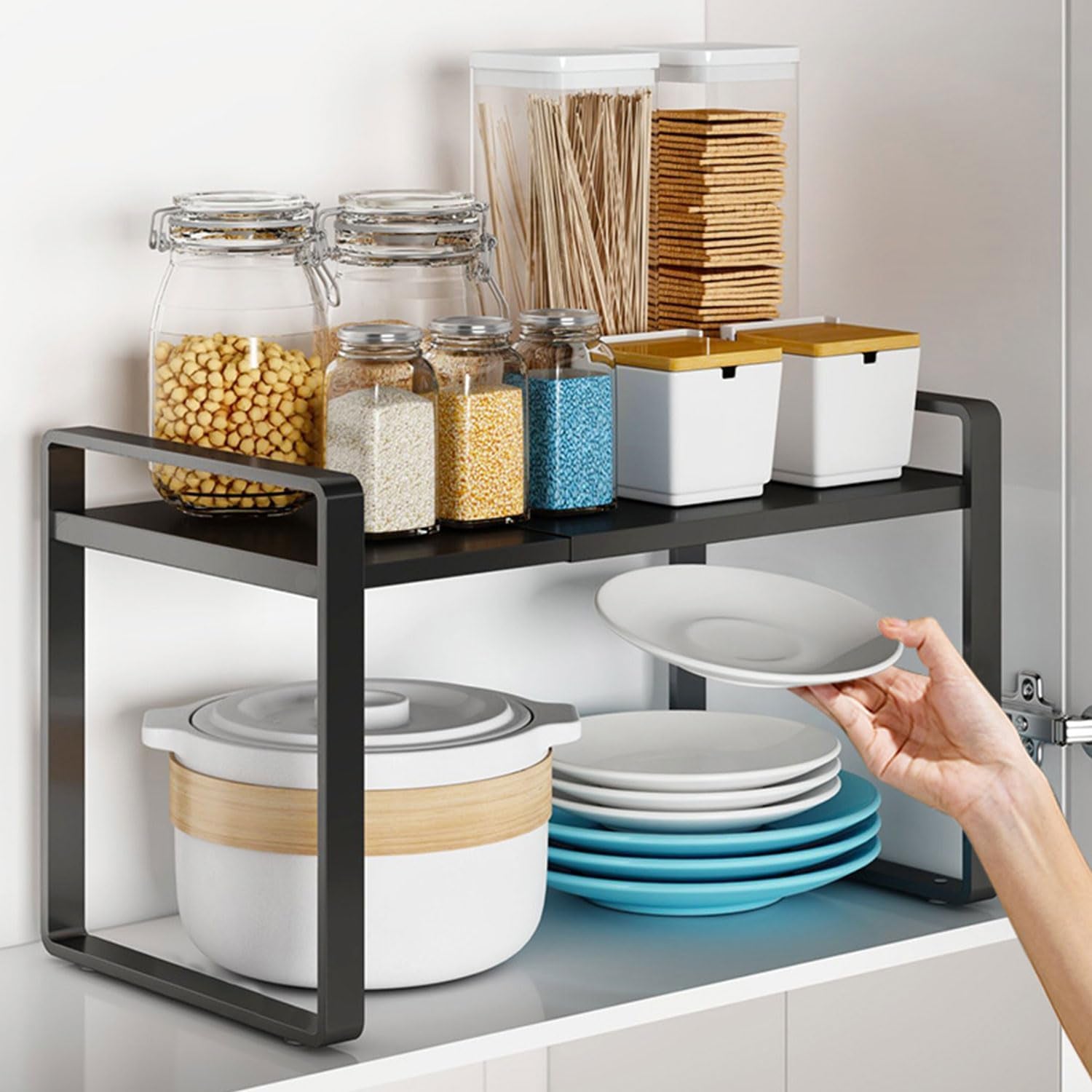 Extendable Kitchen Cupboard Shelf Expandable Storage Rack Shelf Kitchen Shelf Organiser,Spice Racks,Cupboard Shelf，Suitable for Home and Kitchen Storage,1 Pack Black