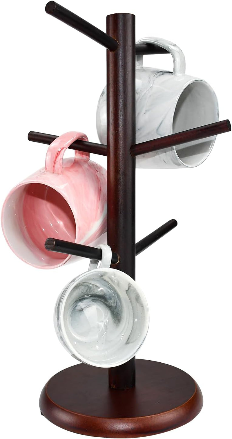 6 Cup Mug Tree Wooden Mug Tree Stand Wood Mug Rack Bamboo Cup Holder Tree Coffee Cup Holder Storage Organizer Kitchen Storage Rack with Anti-Slip Weighted Base for Coffee Tea Mugs Cups