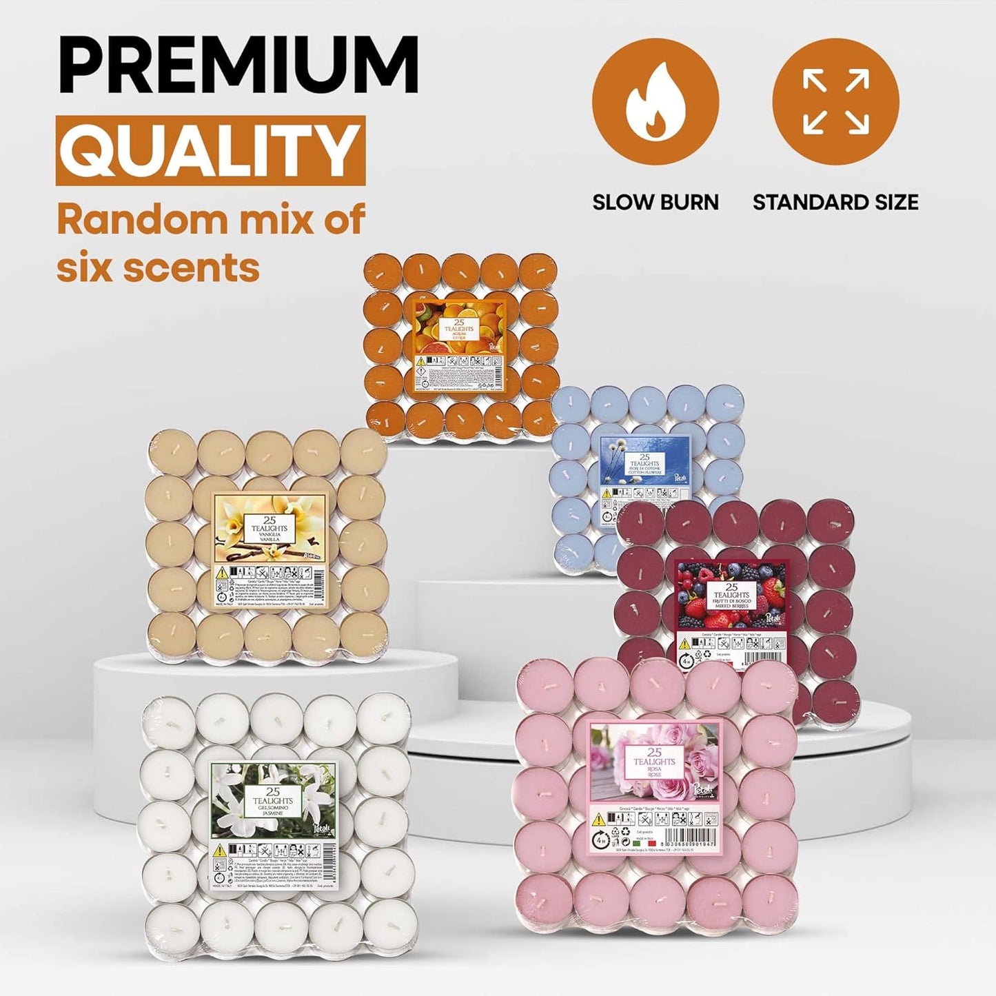 Aladino 150 Tea Lights Candles Scented Tealights- 25 X 6 Scents Mixed Pack - Cotton Flowers, Mixed Berries, Citrus, Rose, Lavender & Cinnamon