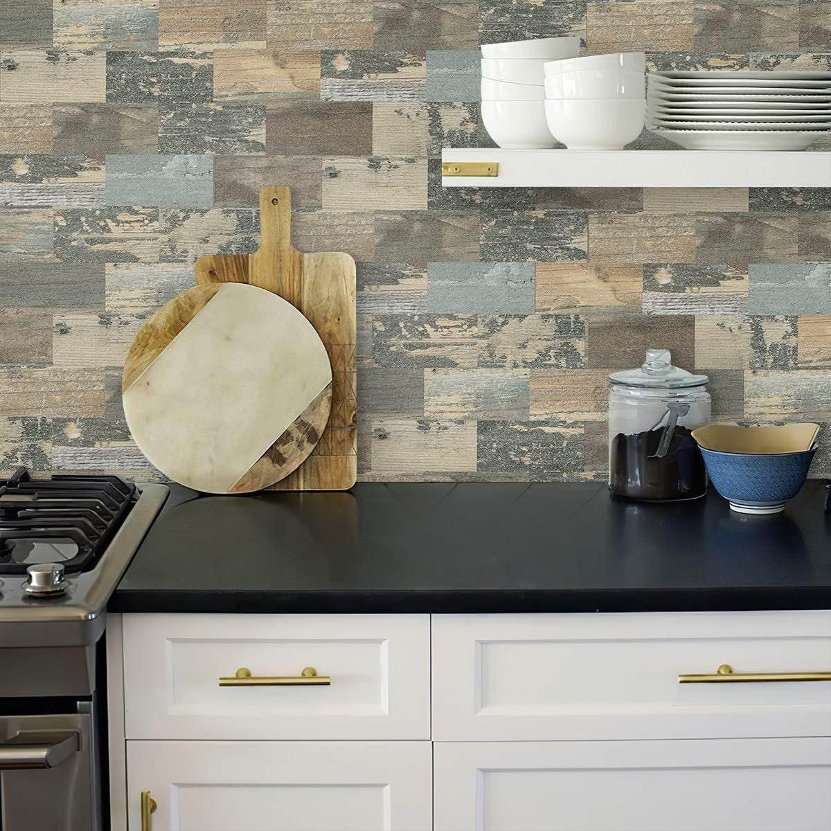 Peel and Stick on Self Adhesive Wall Tiles for Kitchen Splashback Sticky Vintage Wood Look Green 10-Sheet (13.5" X 11.4")