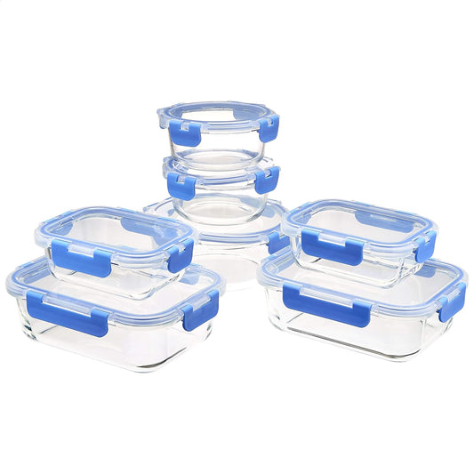 Glass Locking Lid Food Storage, 14 Count Set, 7 Containers and 7 Bpa-Free Lids, Clear with Blue Silicone Ring