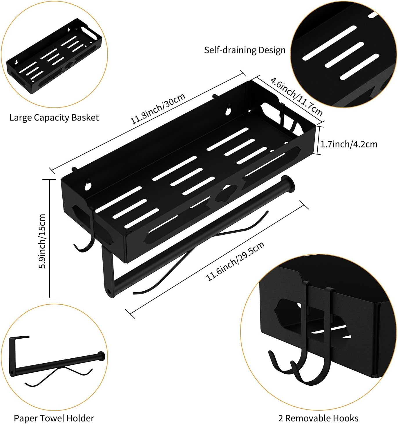 Spice Rack with Paper Towel Holder Roll and Hooks, Wall Mounted Spice Rack, Metal Seasoning Organizer Shelves for Kitchen