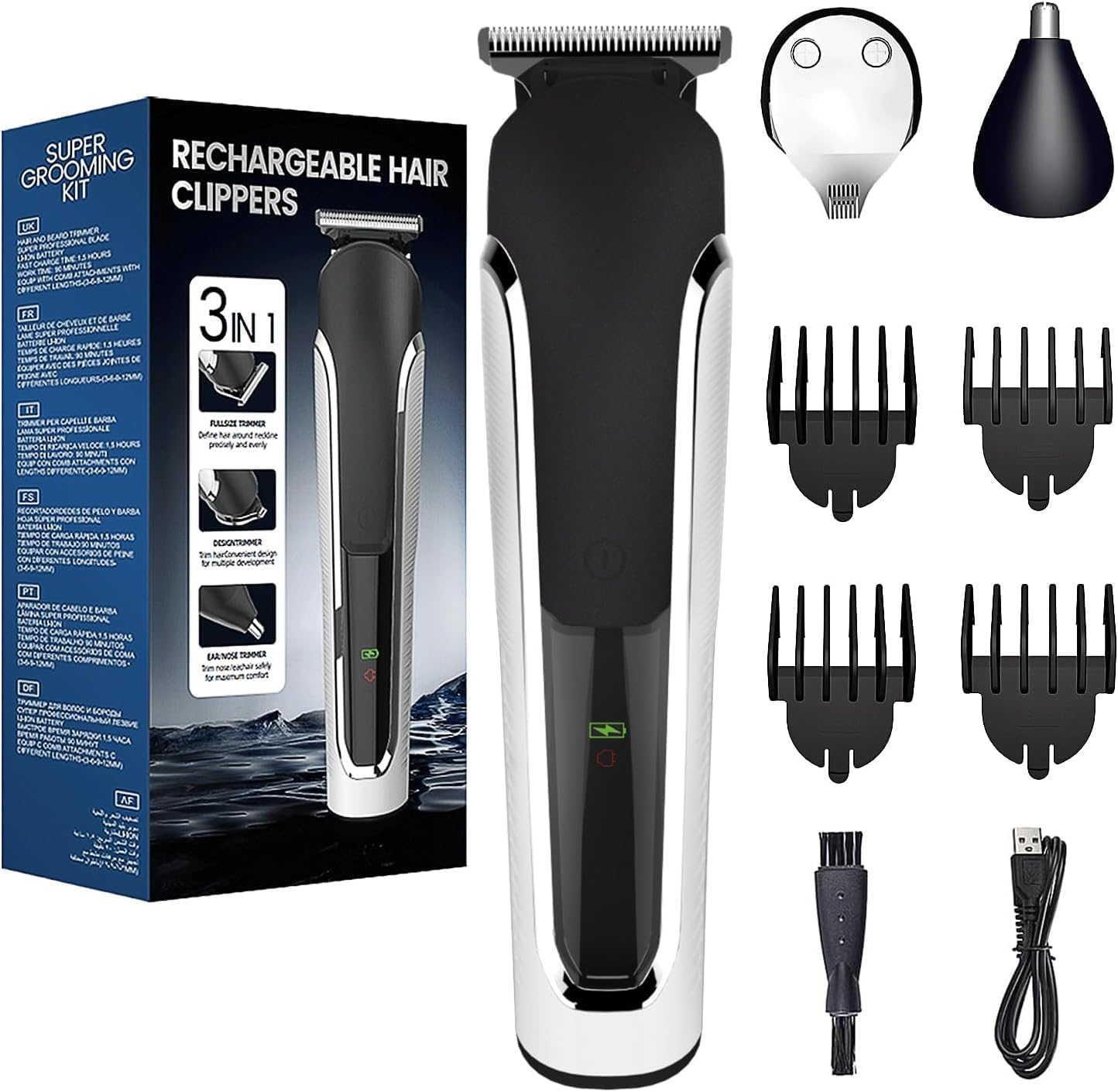 Beard Trimmer Men, Hair Clippers Men, All-In-One Men'S Grooming Kit with Nose and Ear Trimmer, Detail Trimmer, IPX6 Waterproof Professional Cordless Hair Clipper with 4 Limit Combs