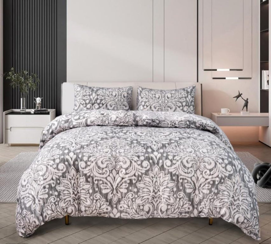 Best Linen 4 Piece Duvet Cover Set Polyester Cotton Quilt Cover Pillow Case & Fitted Sheet Complete Bedding Set Easy Care Machine Wash anti Allergic (Floral Grey, Double) (Duvetcover001)