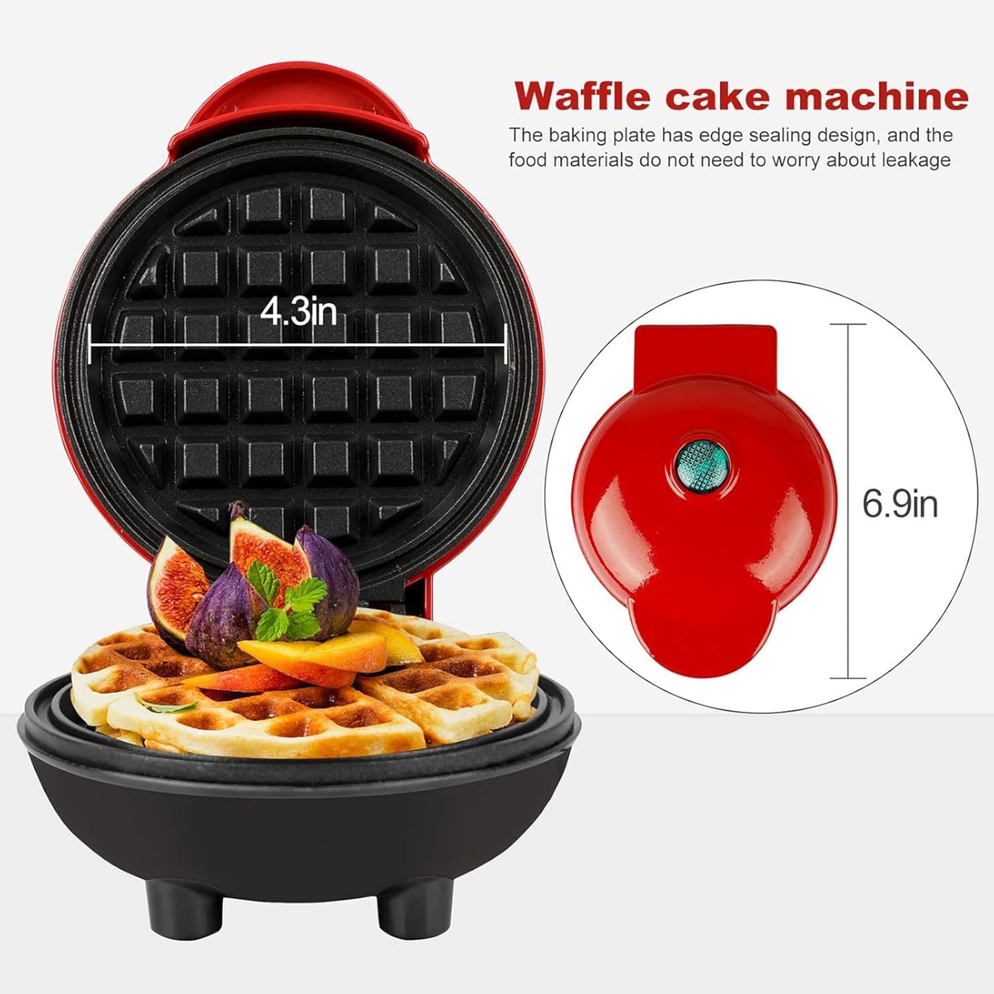 Mini Waffle Maker Non-Stick Waffle Iron Machine, Mini Pancake Maker with Power/Ready Indicator Light Waffle Maker for Waffles, Sweet/Savoury Snacks Desserts, Red