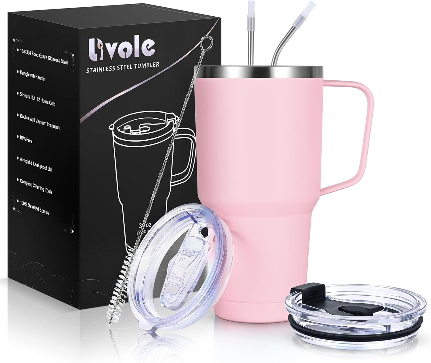 30Oz 900Ml Travel Tumbler with Handle, Insulated Vacuum Travel Coffee Mug, Stainless Steel Water Bottle Flask, Double Walled Leakproof Thermal Mug for Camping, Sports, Office, Home, Light Pink