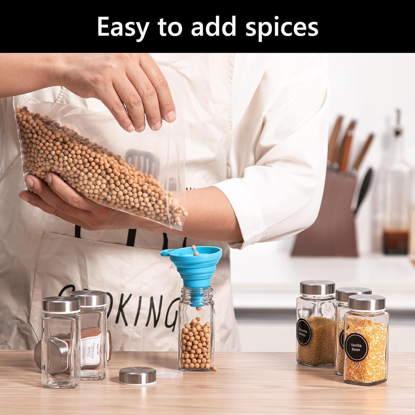 36 Pack Spice Jars with Square Stainless Steel Lids, 120Ml Kitchen Spice Containers with Label , Pen, Hose Brush, 2 Silicone Funnels, for Home Kitchen Spice, Seasonings, Condiments, Herbs Storage