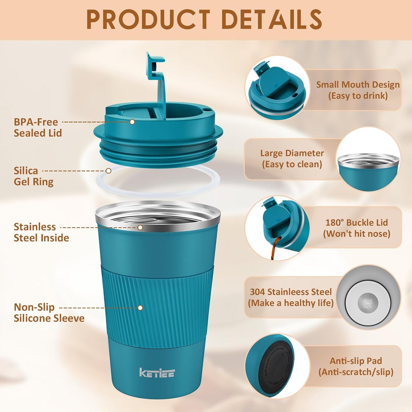 Travel Mugs, 380Ml Insulated Coffee Cup with Leakproof Lid,Reusable Coffee Cups Travel Cup,Coffee Travel Mug,Double Walled Coffee Mug,Stainless Steel Thermaol Mug for Hot Cold Drinks,Blue
