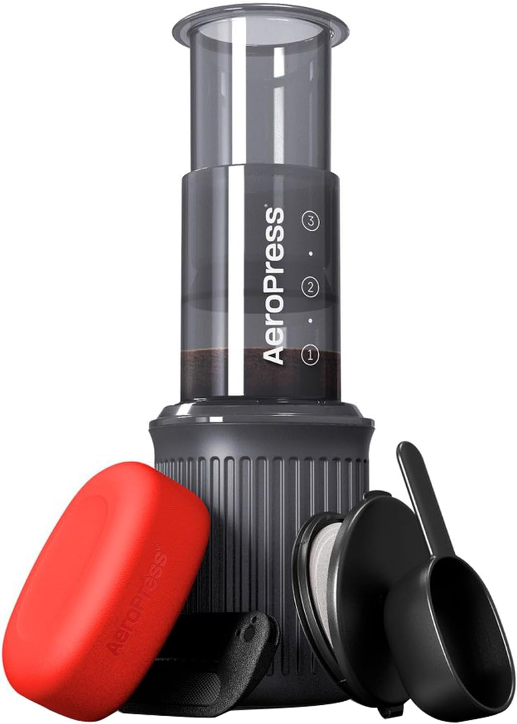 Go Portable Travel Coffee Press Kit, 1-3 Cups in a Minute, Coffee, Espresso, & Cold Brew Maker, Manual Coffee Making Machine for Travel, Includes Mug & Lid, Grey