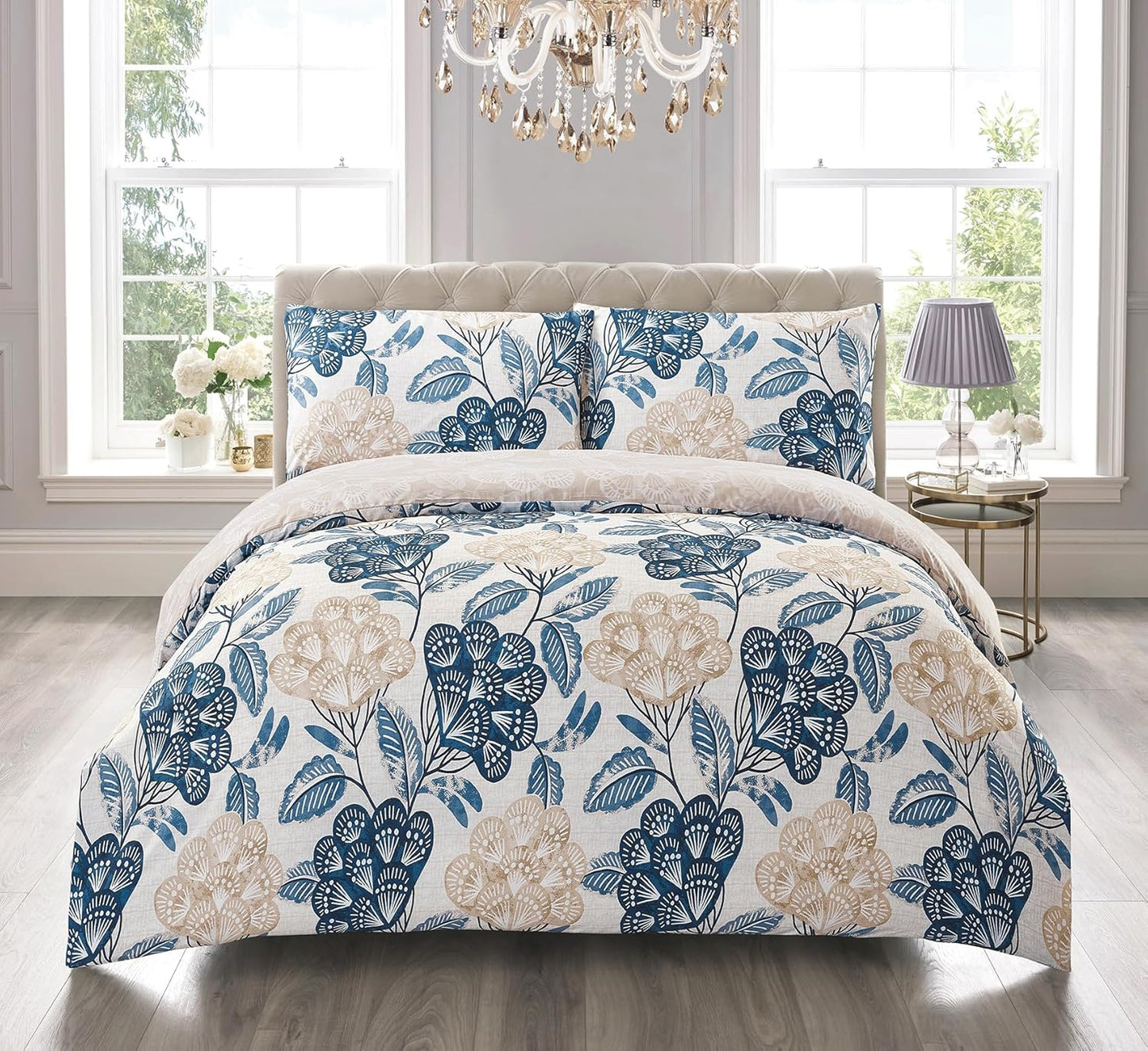Best Linen 4 Piece Duvet Cover Set Polyester Cotton Quilt Cover Pillow Case & Fitted Sheet Complete Bedding Set Easy Care Machine Wash anti Allergic (Floral Grey, Double) (Duvetcover001)