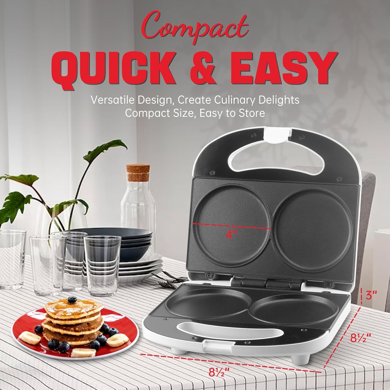 Double Mini Pancake Maker Machine, Arepa Maker, 2 X 4-Inch Electric Pancakes Maker Griddle, Ideal for Pancakes, Cookies, Eggs, Arepas & Breakfast Sandwiches, 230V, UK Plug, White