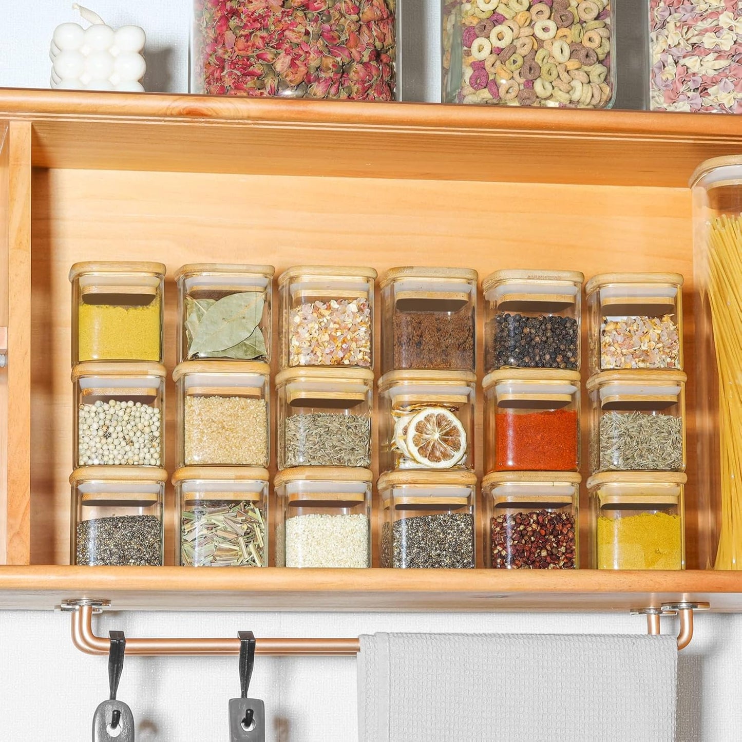 12 Pcs Glass Spice Jars with Bamboo Lids, 4Oz/120Ml Square Glass Storage Jars with 275 Black Lables, Airtight Spice Jars with Lids, Glass Container for Spice, Salt, Sugar, Seeds, Nuts Etc