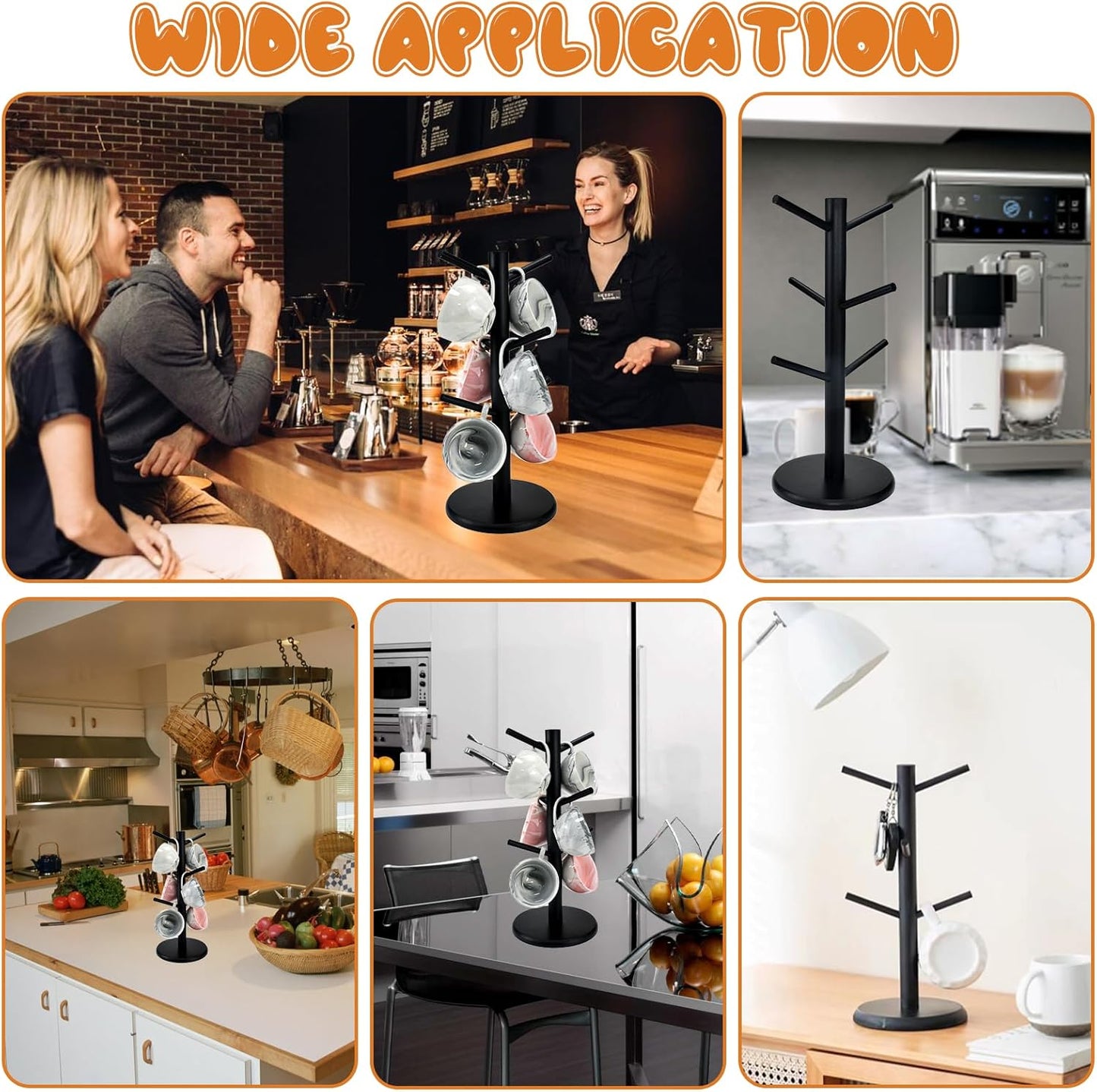 6 Cups Mug Tree Bamboo Cup Holder Tree Coffee Cup Holder Storage Rack Wood Cup Holder Storage Organizer Kitchen Mug Stand Hanger with Thickened Base for Coffee Mugs Tea Cups Tree, Black