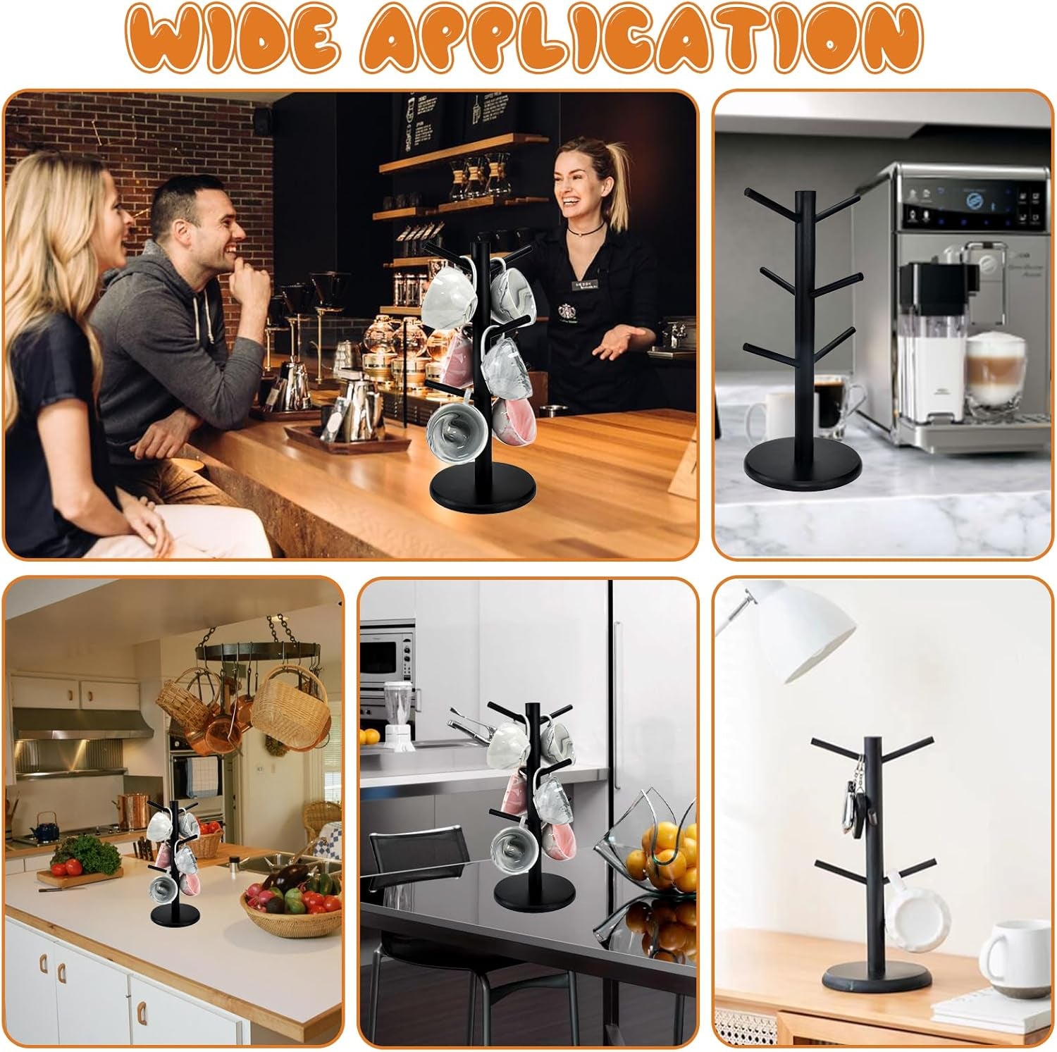 6 Cups Mug Tree Bamboo Cup Holder Tree Coffee Cup Holder Storage Rack Wood Cup Holder Storage Organizer Kitchen Mug Stand Hanger with Thickened Base for Coffee Mugs Tea Cups Tree, Black