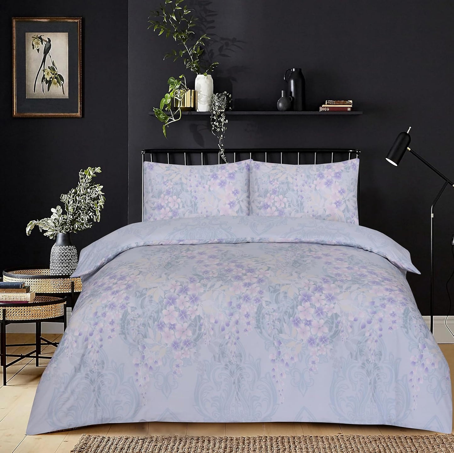Best Linen 4 Piece Duvet Cover Set Polyester Cotton Quilt Cover Pillow Case & Fitted Sheet Complete Bedding Set Easy Care Machine Wash anti Allergic (Floral Grey, Double) (Duvetcover001)