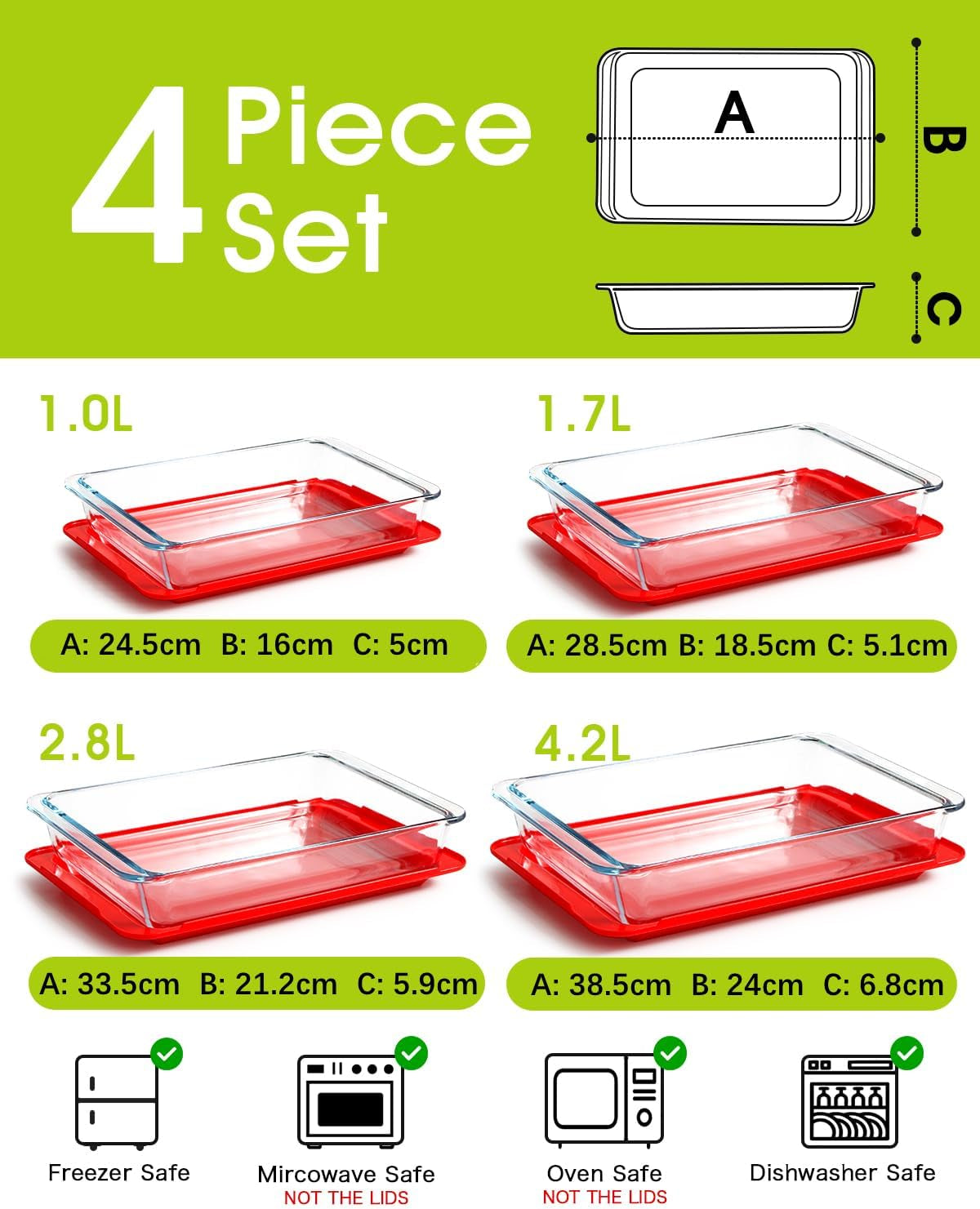 Set of 4 Glass Baking Dish with Lids, Lasagne Dish Set, Lasagna Dishes for Oven, Rectangular Glass Baking Dishes (1.0+1.7+2.8+4.2L)