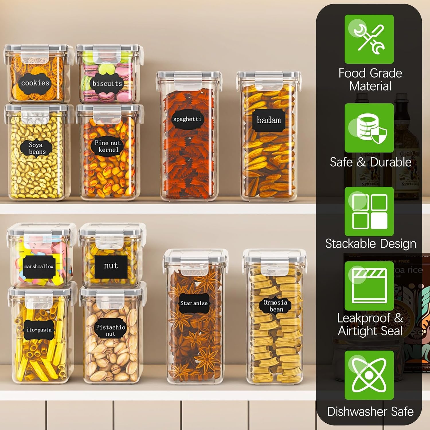 24 Pack Food Storage Containers - BPA Free, Airtight Kitchen Storage for Cereal, Flour, Sugar & Baking Supplies with 24 Labels & 1 Marker