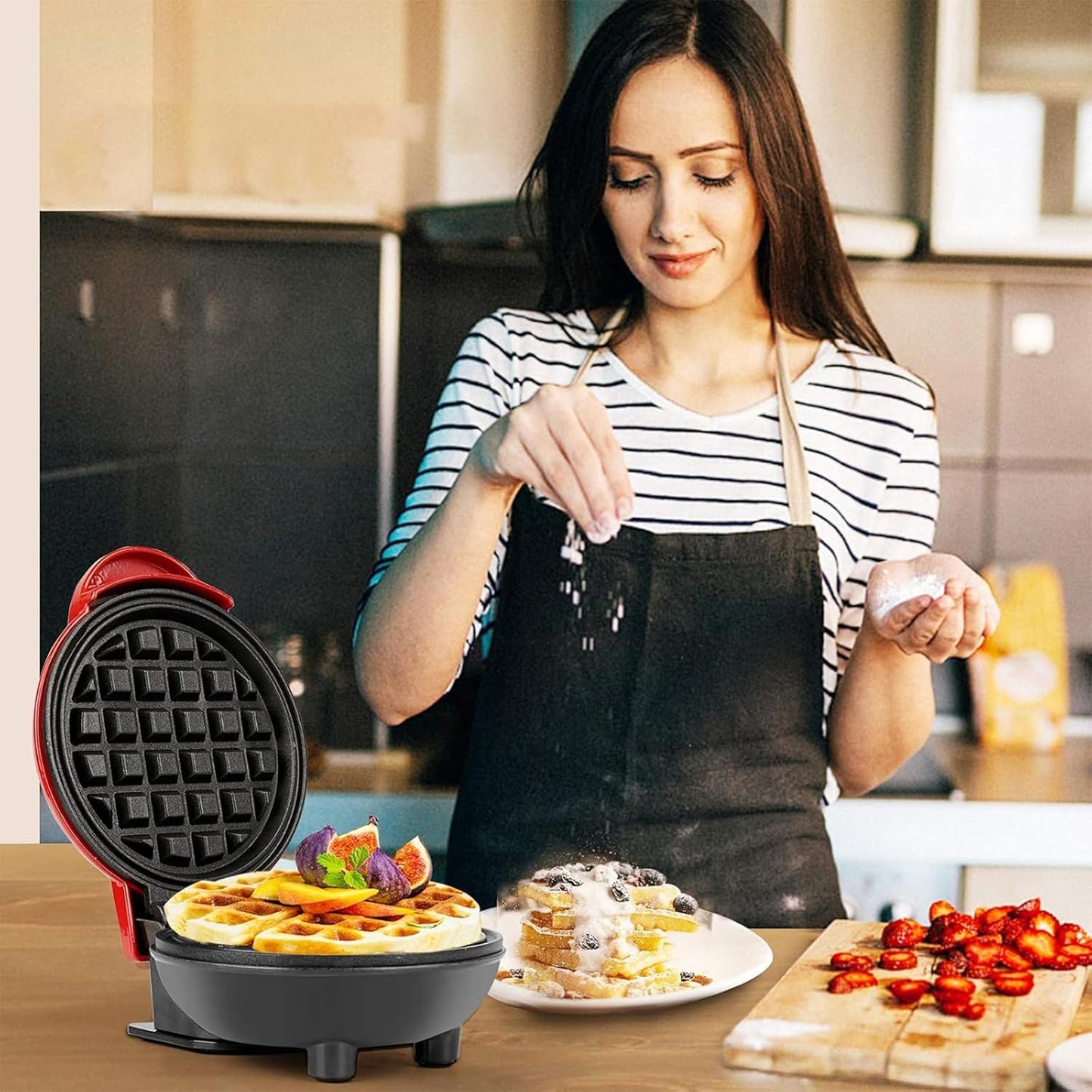 Mini Waffle Maker Non-Stick Waffle Iron Machine, Mini Pancake Maker with Power/Ready Indicator Light Waffle Maker for Waffles, Sweet/Savoury Snacks Desserts, Red