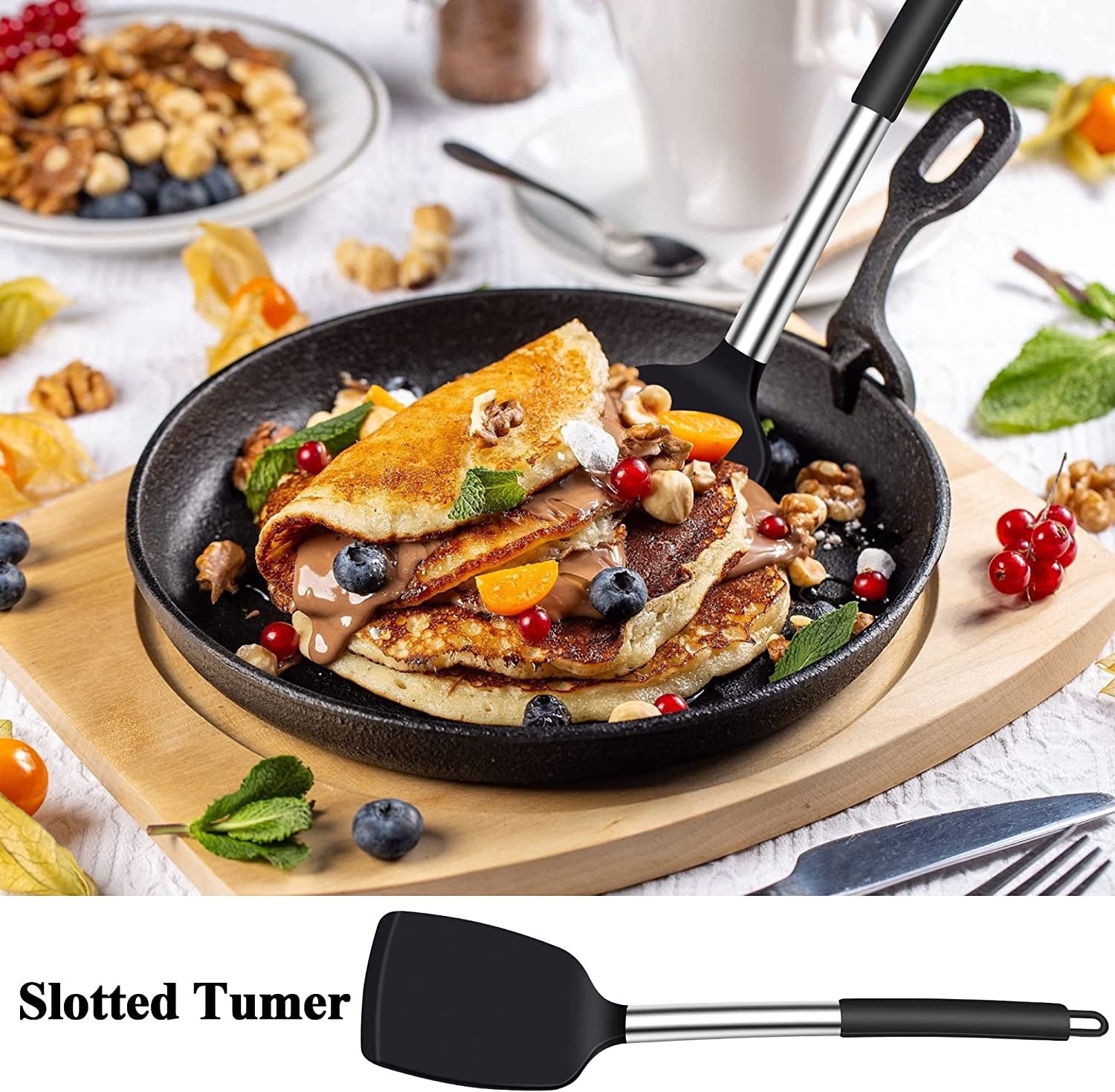 Silicone Spatula Turner, Heat Resistant Slotted Spatula Solid Turner for Cooking, BPA Free Large Black Silicone Spatula Kitchen Utensils for Baking Non Stick Cookware, Dishwasher Safe, 2 Pack