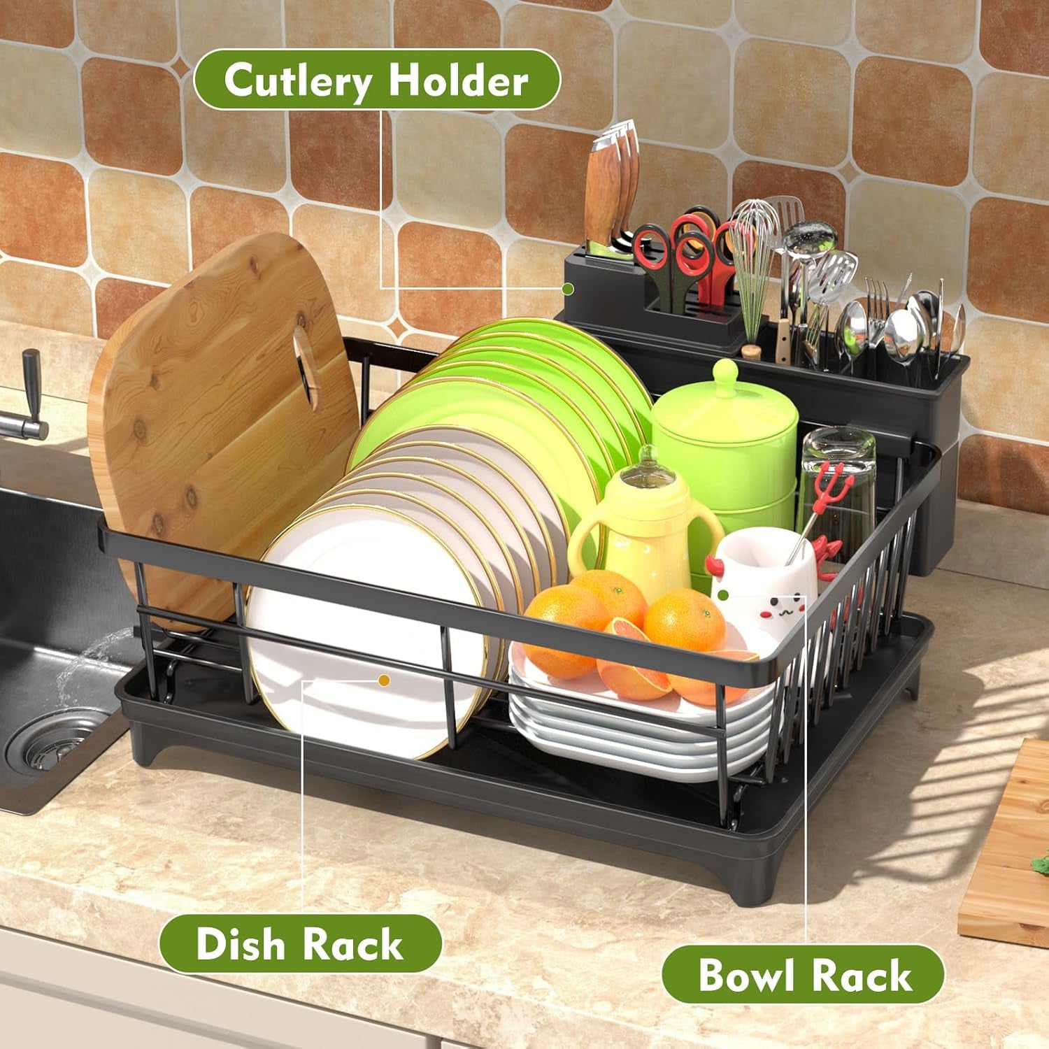 Dish Drainer Rack, Space Saving Dish Drainer for Kitchen Counter with Utensil Holder, Kitchen Dish Rack Sink Dish Drying Rack with Drain Board, Black