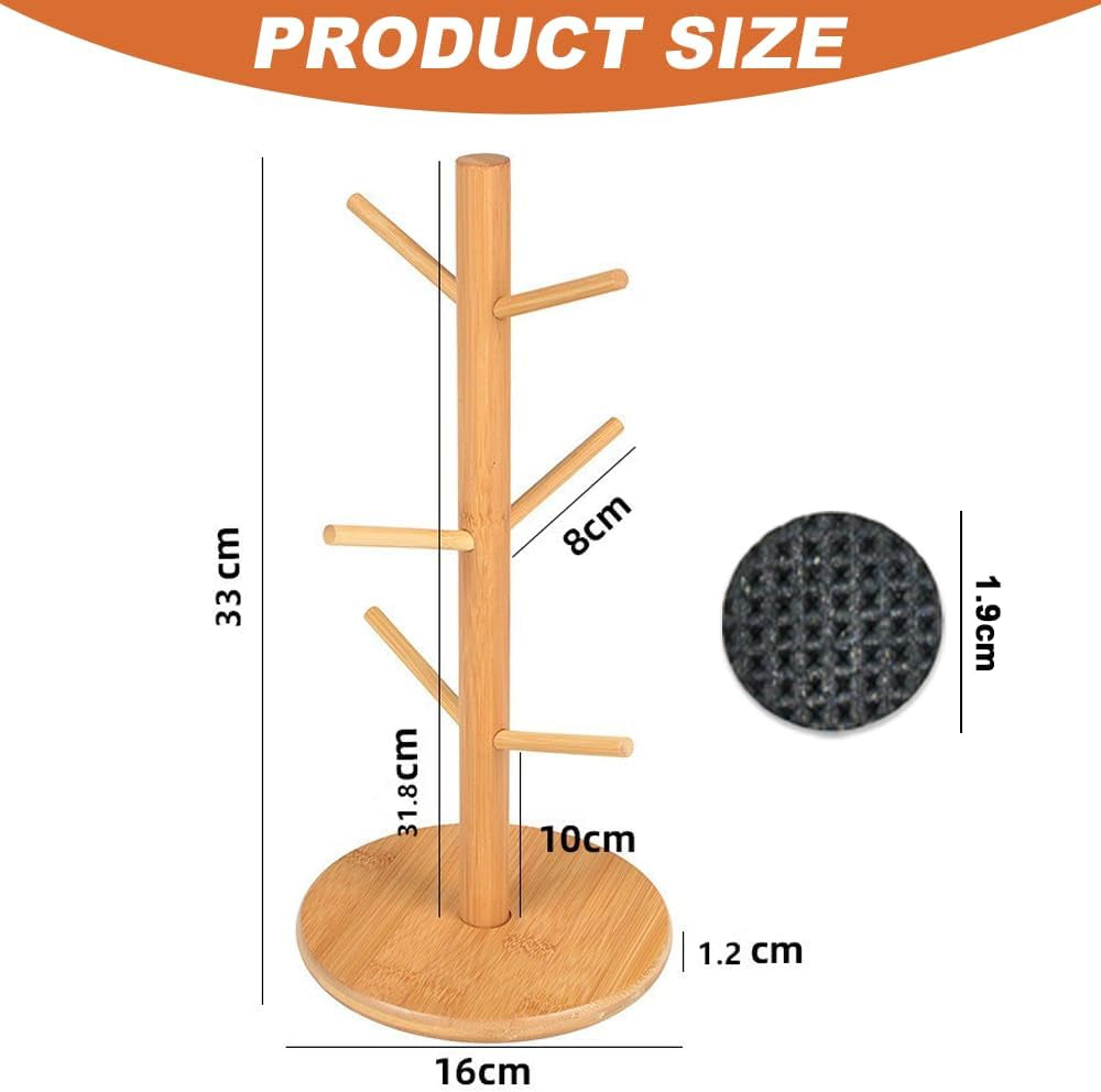 6 Cup Mug Tree Wooden Mug Tree Stand Wood Mug Rack Bamboo Cup Holder Tree Coffee Cup Holder Storage Organizer Kitchen Storage Rack with Anti-Slip Weighted Base for Coffee Tea Mugs Cups