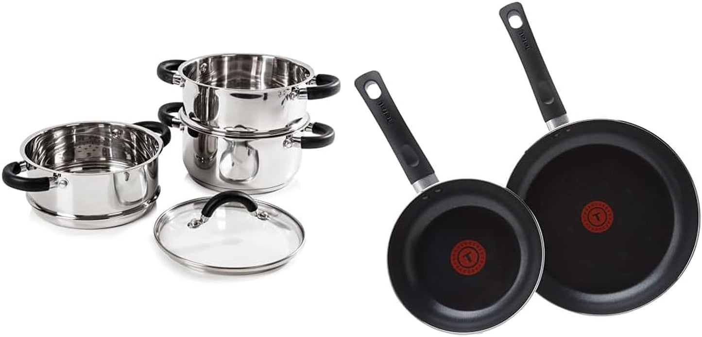 T80836 Essentials Induction Steamer Pans 3 Tier with Glass Lid, Silicone Handles, Stainless Steel, Steamer Cooking, Polished Mirror Finish, 18 Cm , Silver