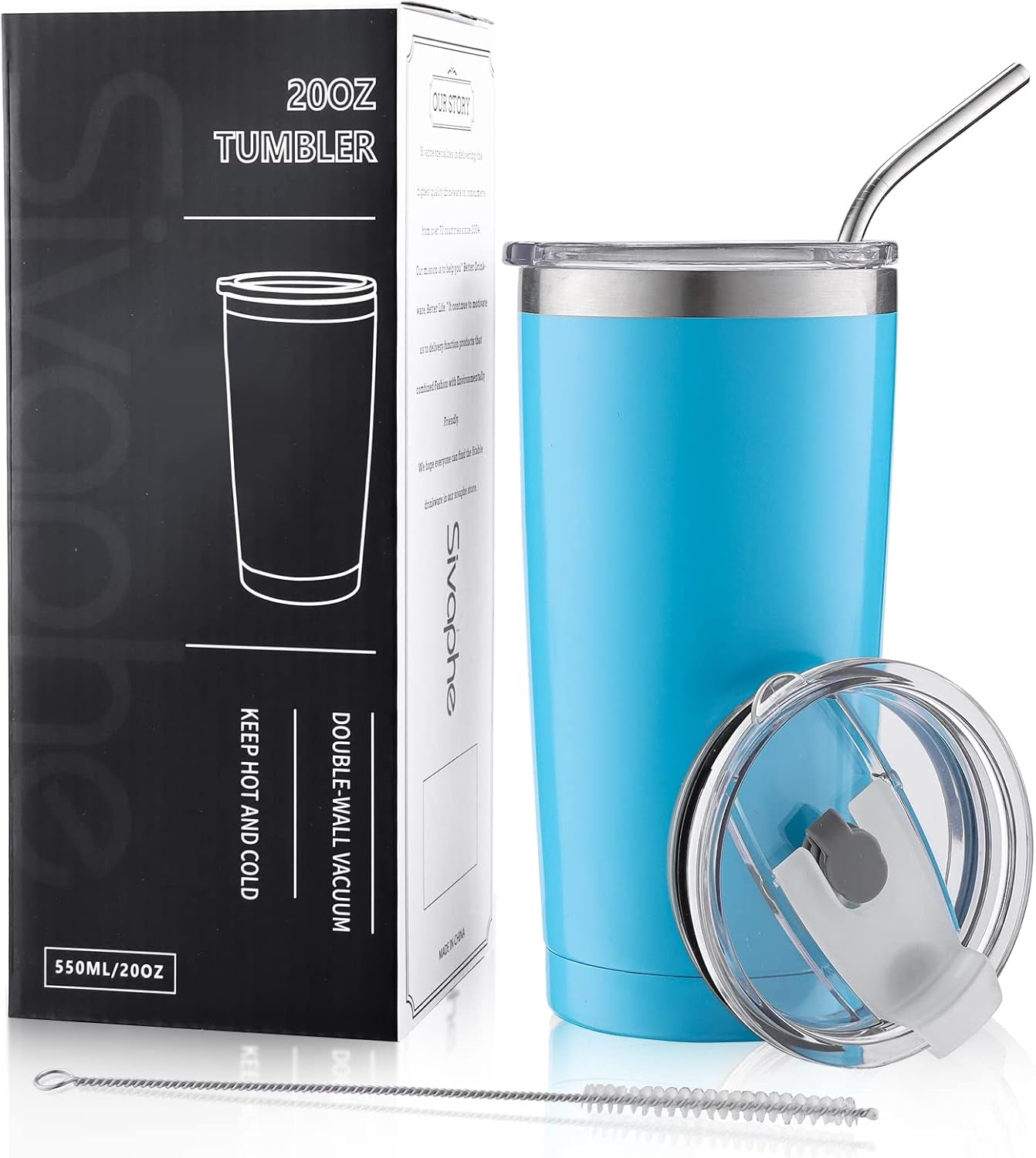 Stainless Steel Travel Tumbler with Straw and Lids, Insulated Coffee Cup Double Wall Vacuum for Men Women, 550ML/20OZ, Blue