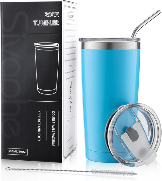 Stainless Steel Travel Tumbler with Straw and Lids, Insulated Coffee Cup Double Wall Vacuum for Men Women, 550ML/20OZ, Blue