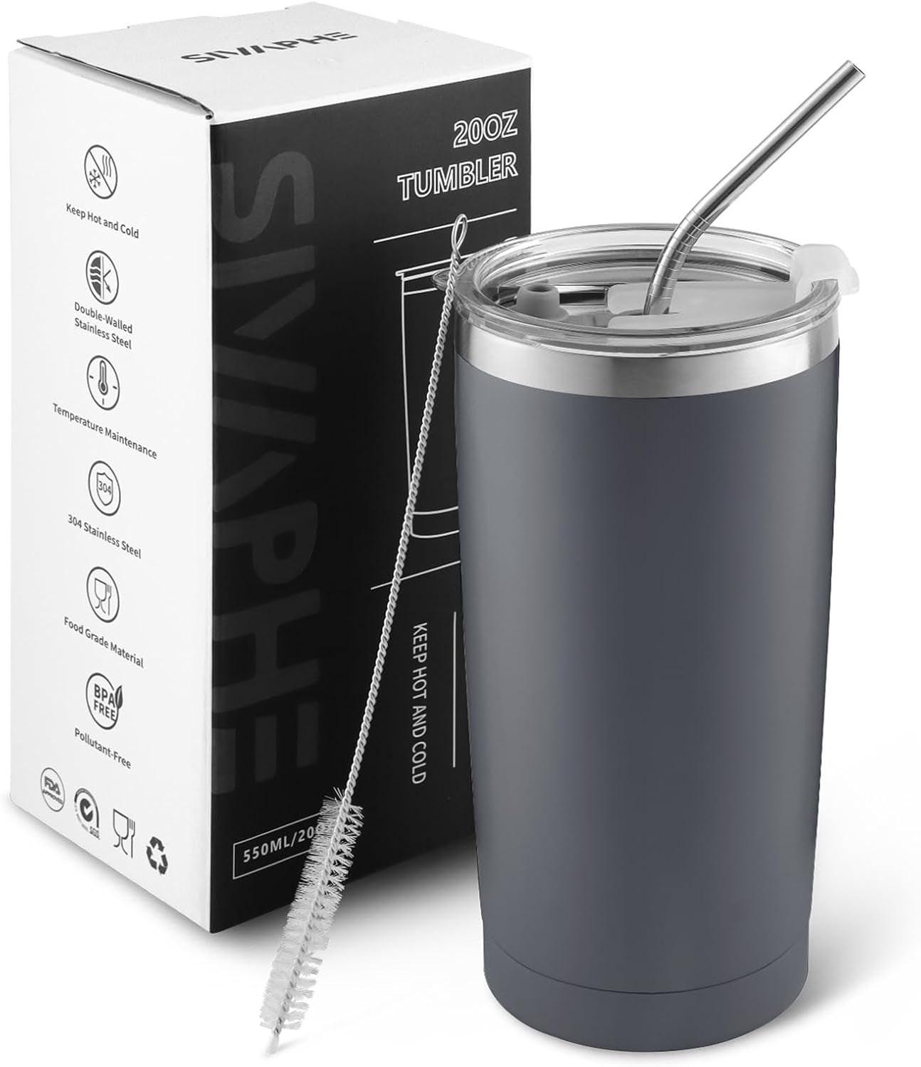 Stainless Steel Travel Tumbler with Straw and Lids, Insulated Coffee Cup Double Wall Vacuum for Men Women, 550ML/20OZ, Blue