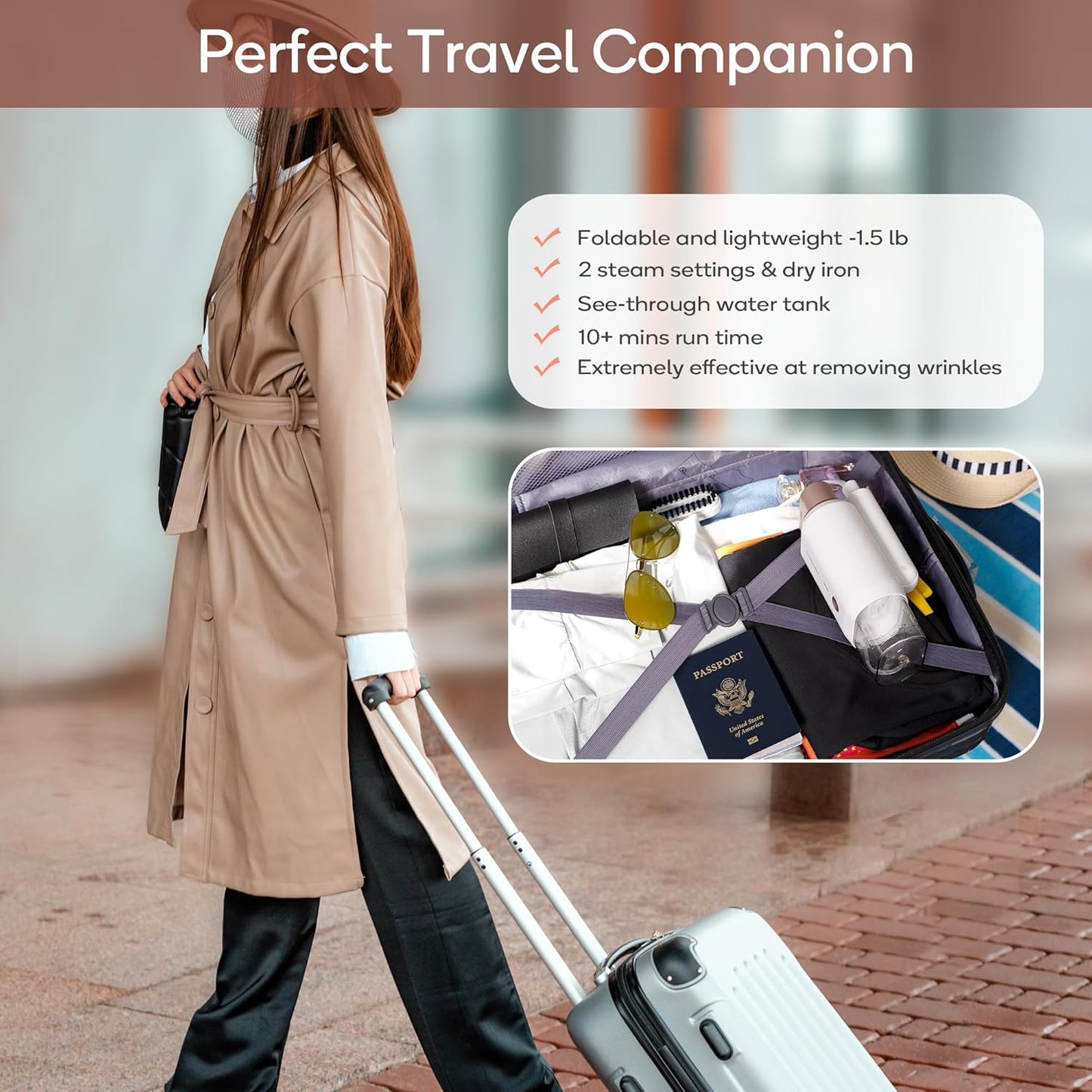 Clothes Steamer, Portable Handheld Steamer for Clothes, 20S Fast Heat Up, 1200W 180Ml Detachable Water Tank, Horizontal & Vertical Steaming for Home & Travel