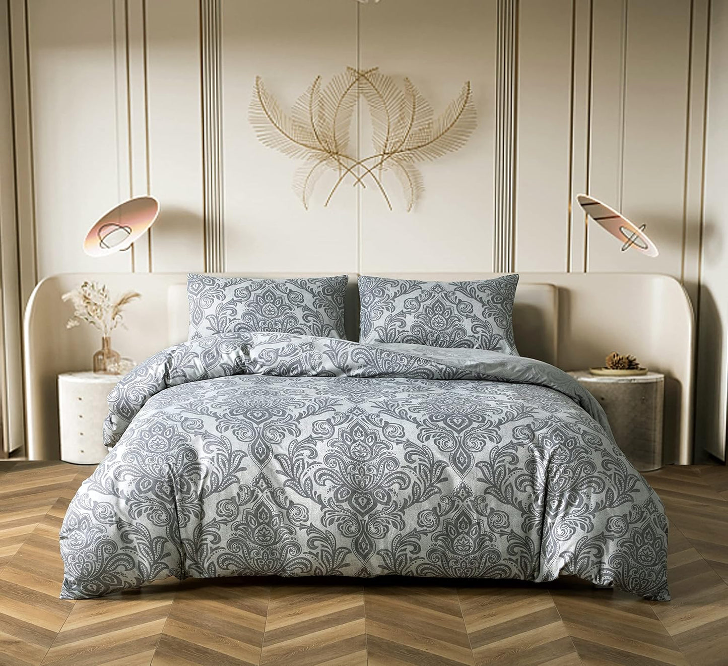 Best Linen 4 Piece Duvet Cover Set Polyester Cotton Quilt Cover Pillow Case & Fitted Sheet Complete Bedding Set Easy Care Machine Wash anti Allergic (Floral Grey, Double) (Duvetcover001)